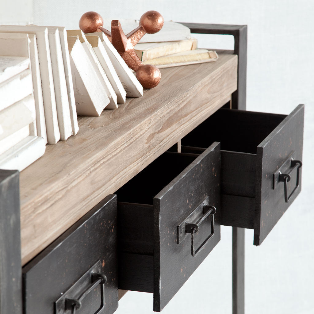 12" Brown and Black Solid Wood Sled Console Table And Drawers-Console Tables-DECOROLALA