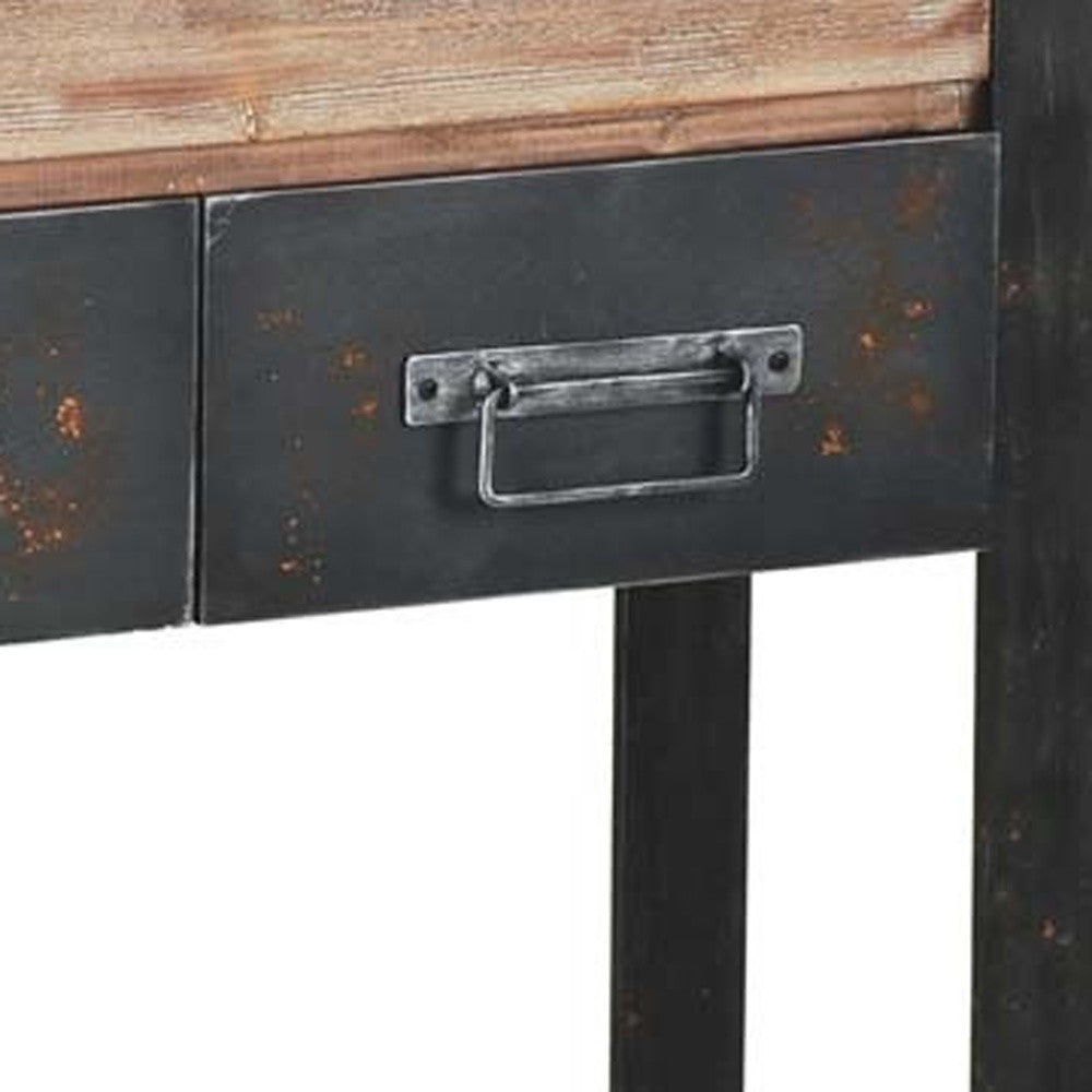 12" Brown and Black Solid Wood Sled Console Table And Drawers-Console Tables-DECOROLALA