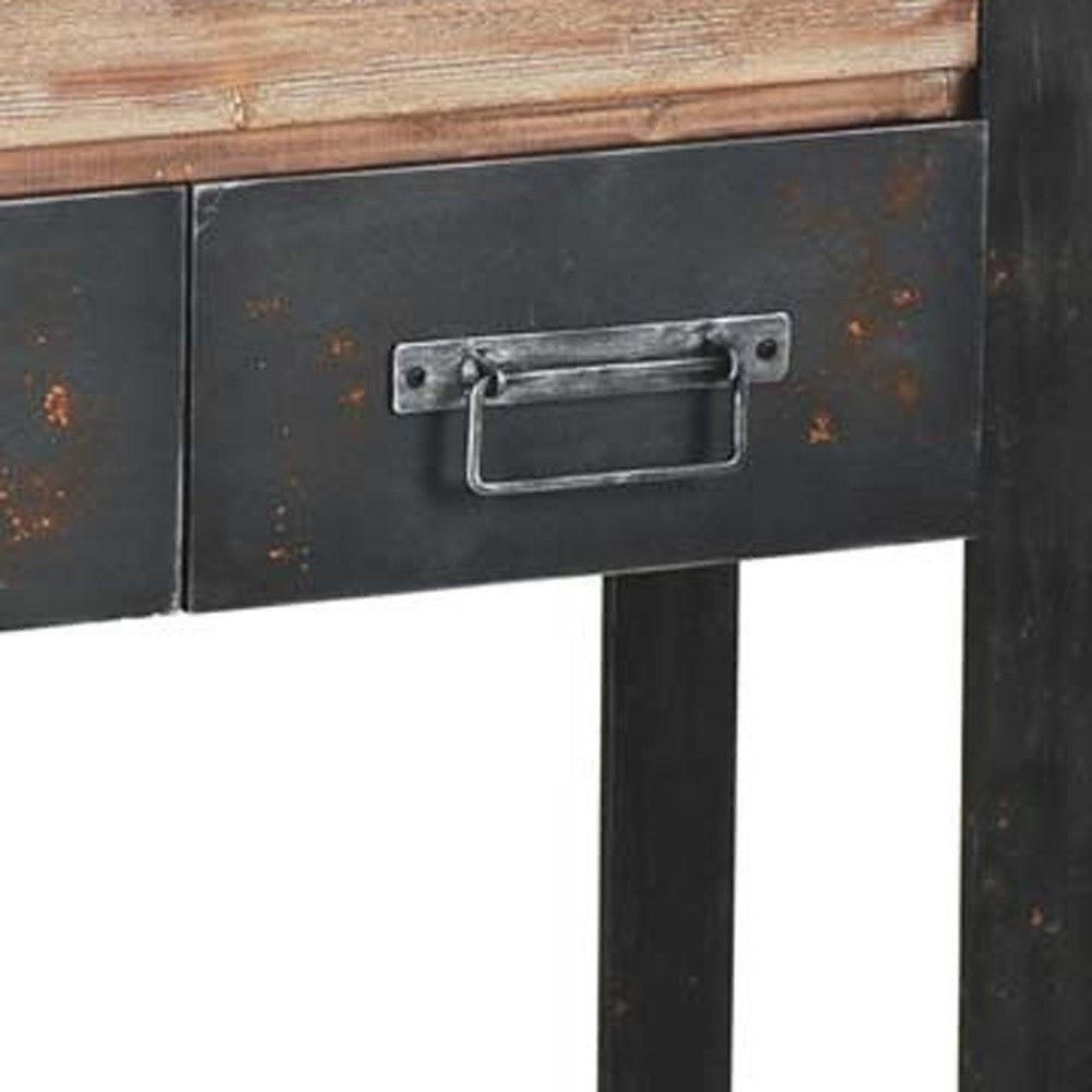 12" Brown and Black Solid Wood Sled Console Table And Drawers-Console Tables-DECOROLALA