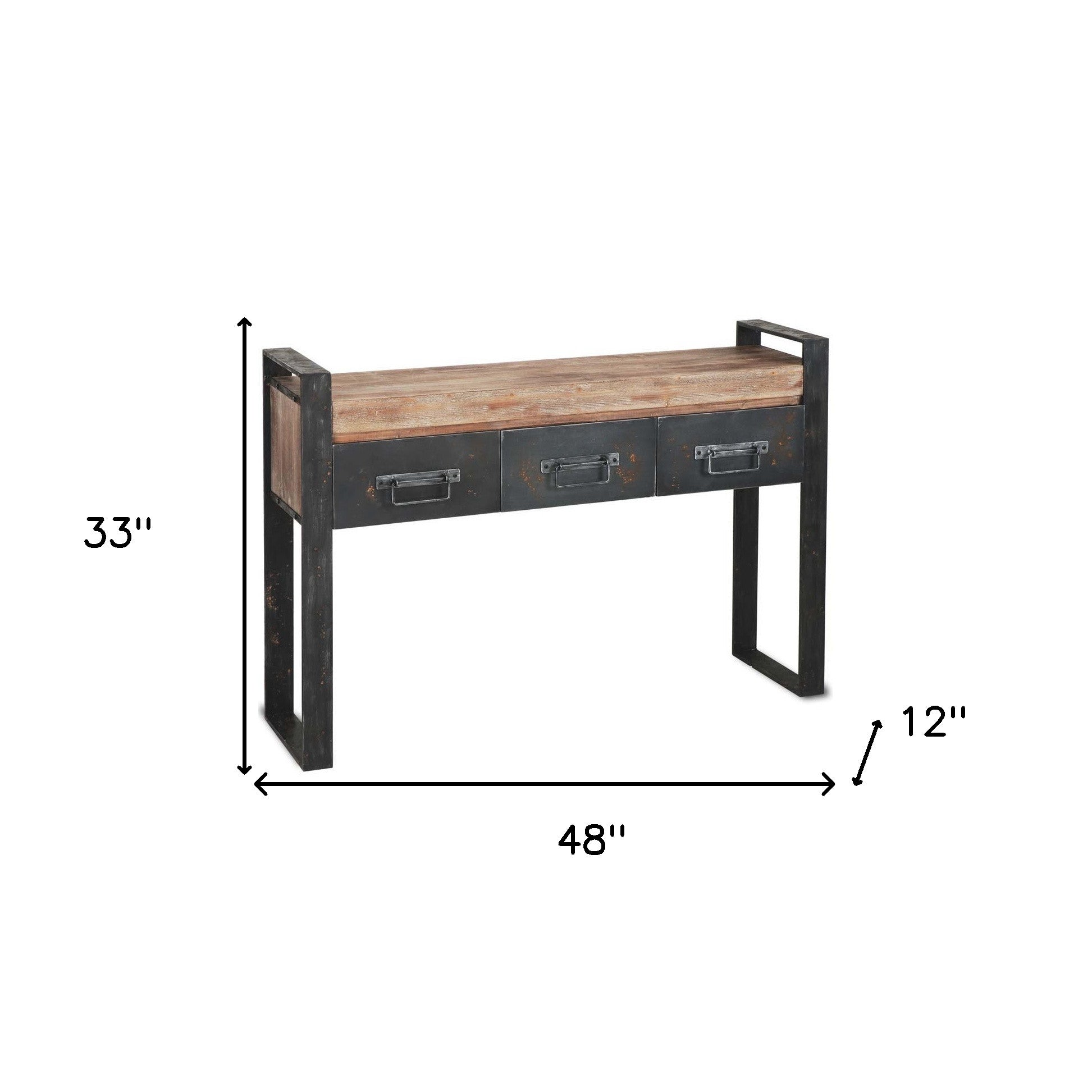 12" Brown and Black Solid Wood Sled Console Table And Drawers-Console Tables-DECOROLALA
