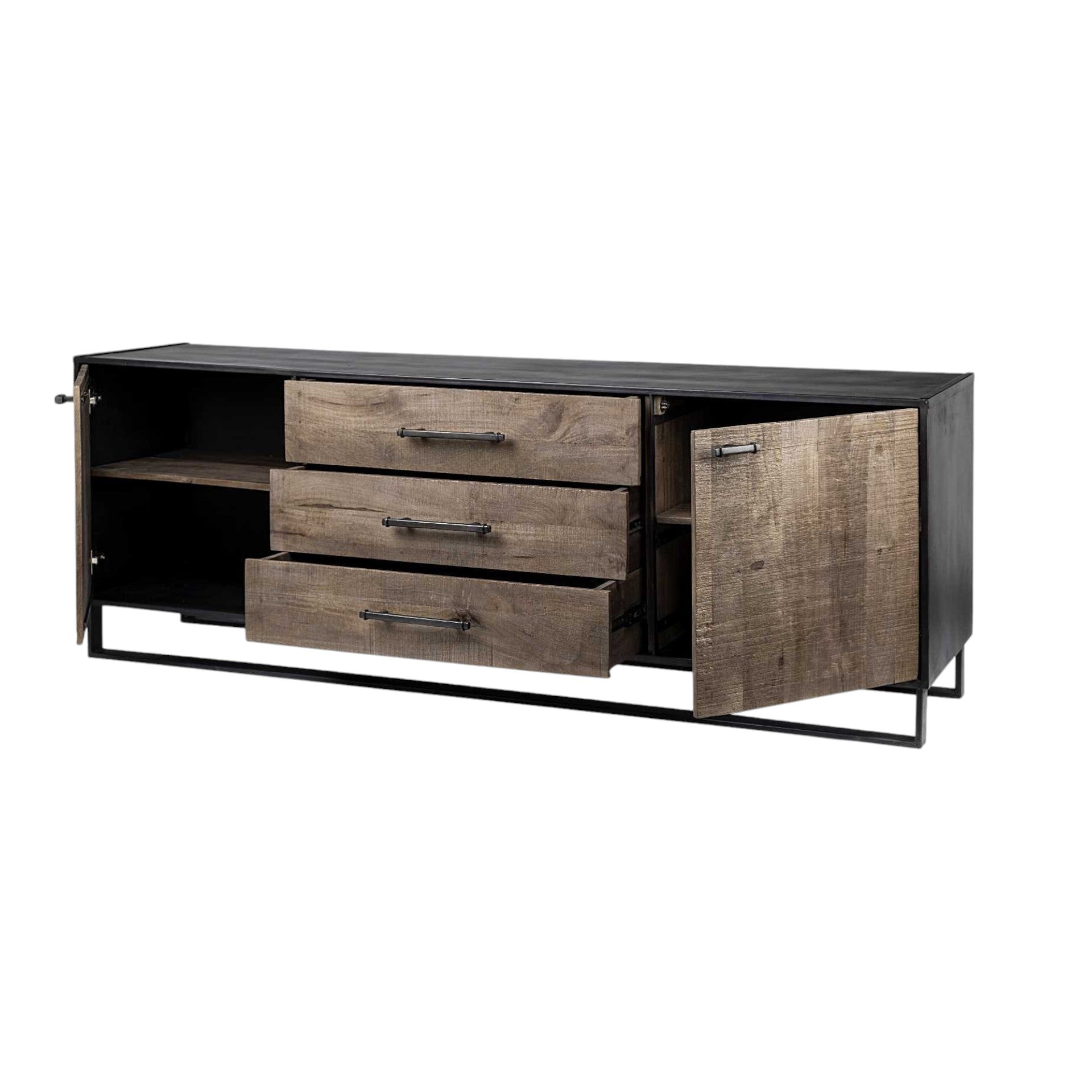 82" Brown and Black Solid Wood Three Drawer Sideboard with Two Doors-Sideboards-DECOROLALA