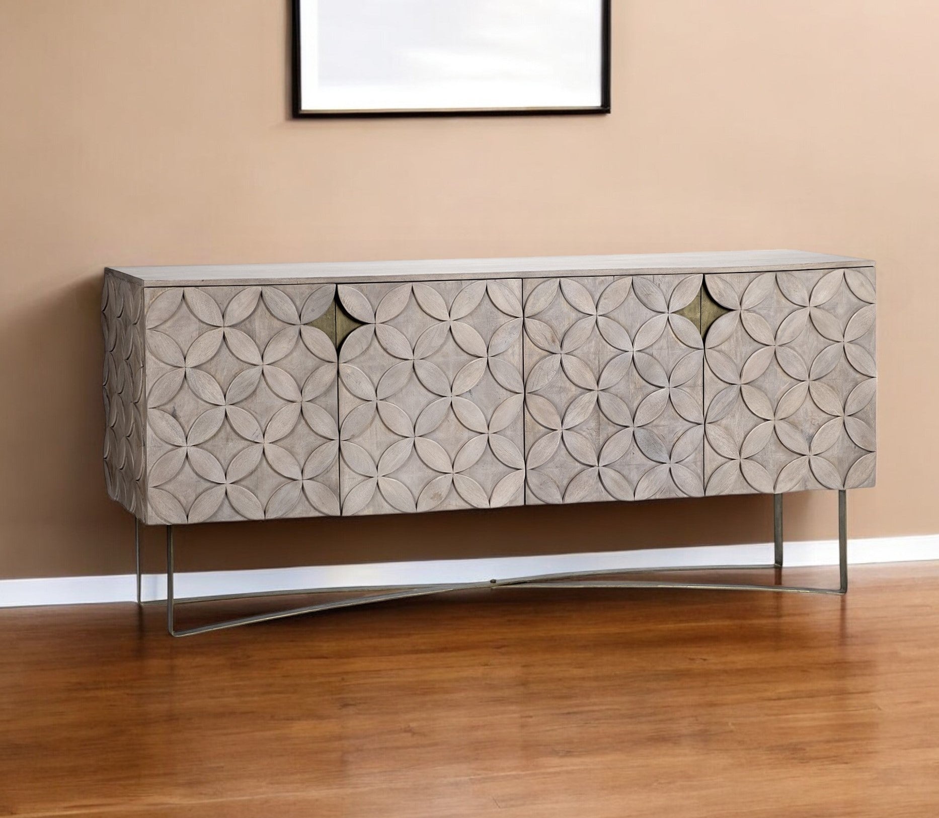 72" Light Brown Solid Wood Sideboard with Four Doors-Sideboards-DECOROLALA
