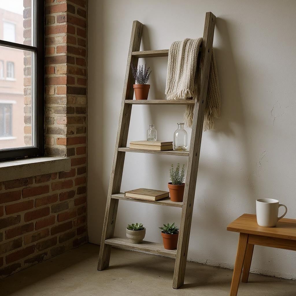 60" Gray Rustic Five Step Wood Ladder Shelf-1