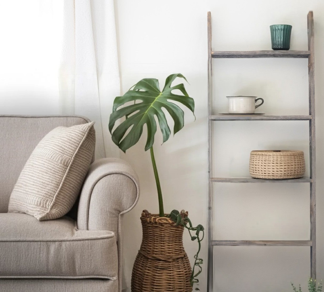 60" Gray Rustic Five Step Wood Ladder Shelf-0