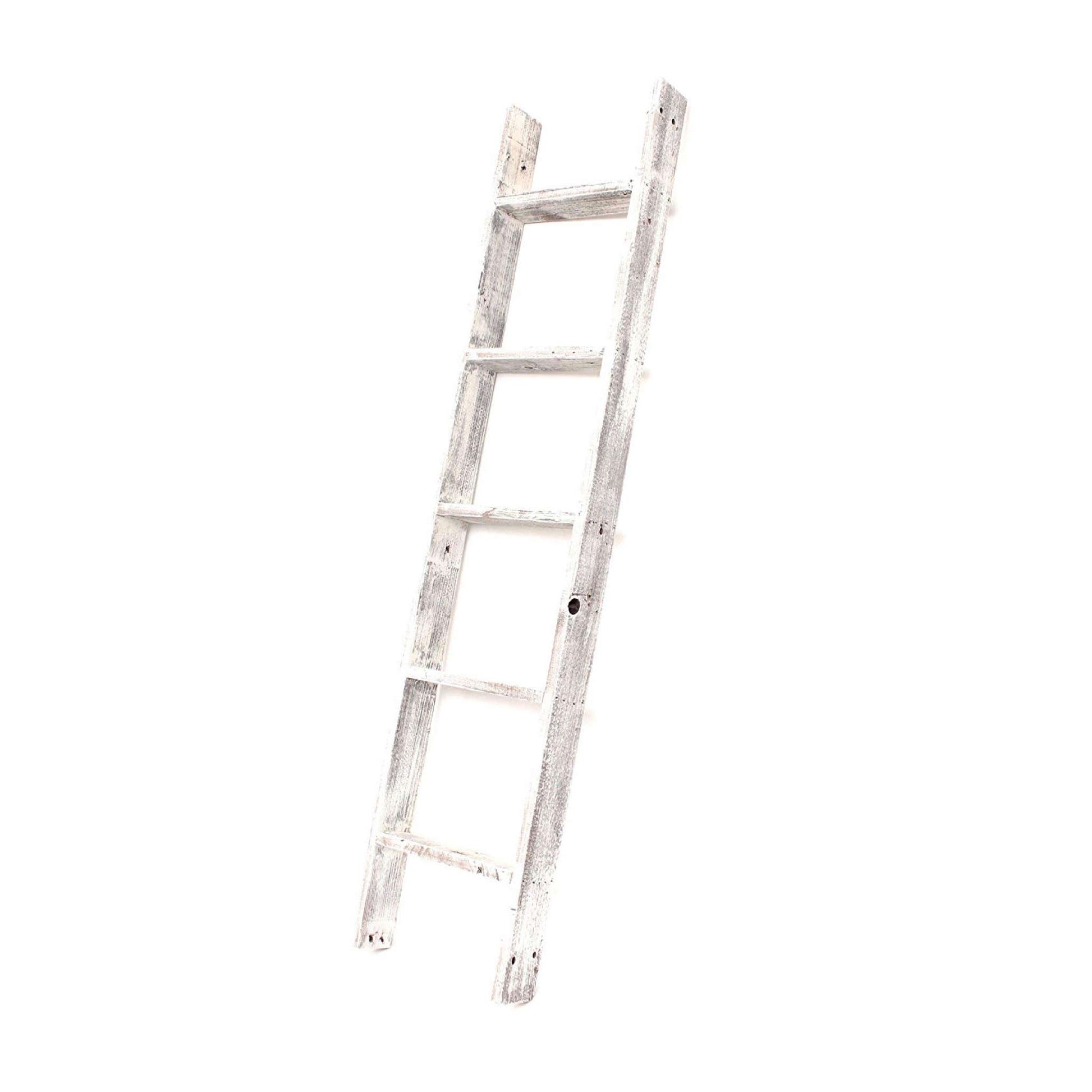 60" White Rustic Four Step Wood Ladder Shelf-1