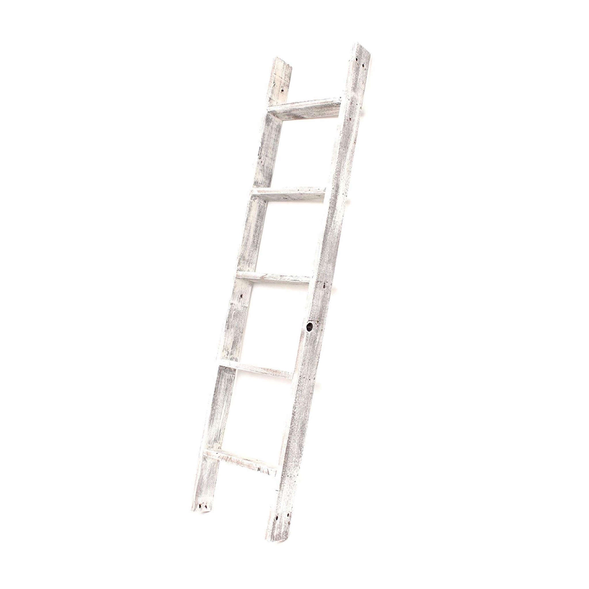 60" White Rustic Four Step Wood Ladder Shelf-1