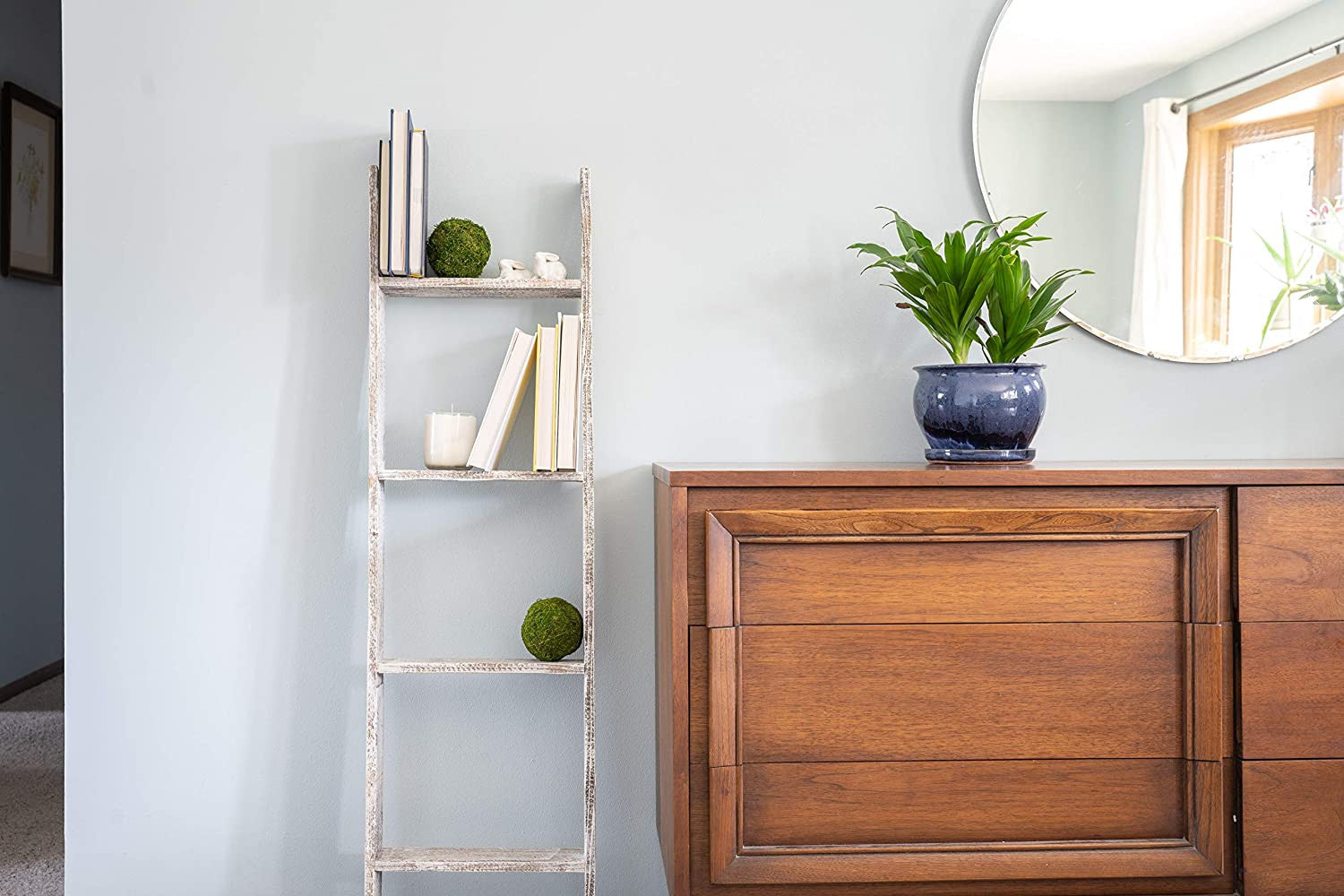 60" White Rustic Four Step Wood Ladder Shelf-7
