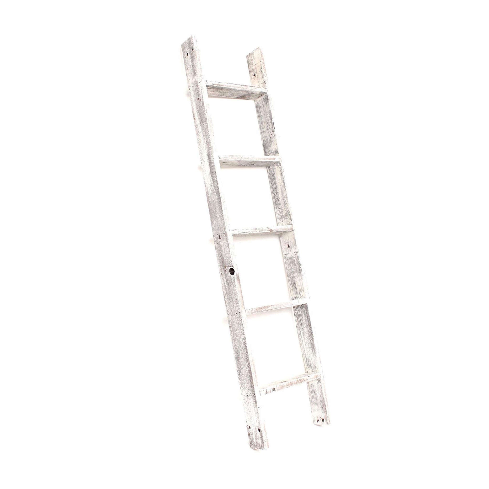 60" White Rustic Four Step Wood Ladder Shelf-3