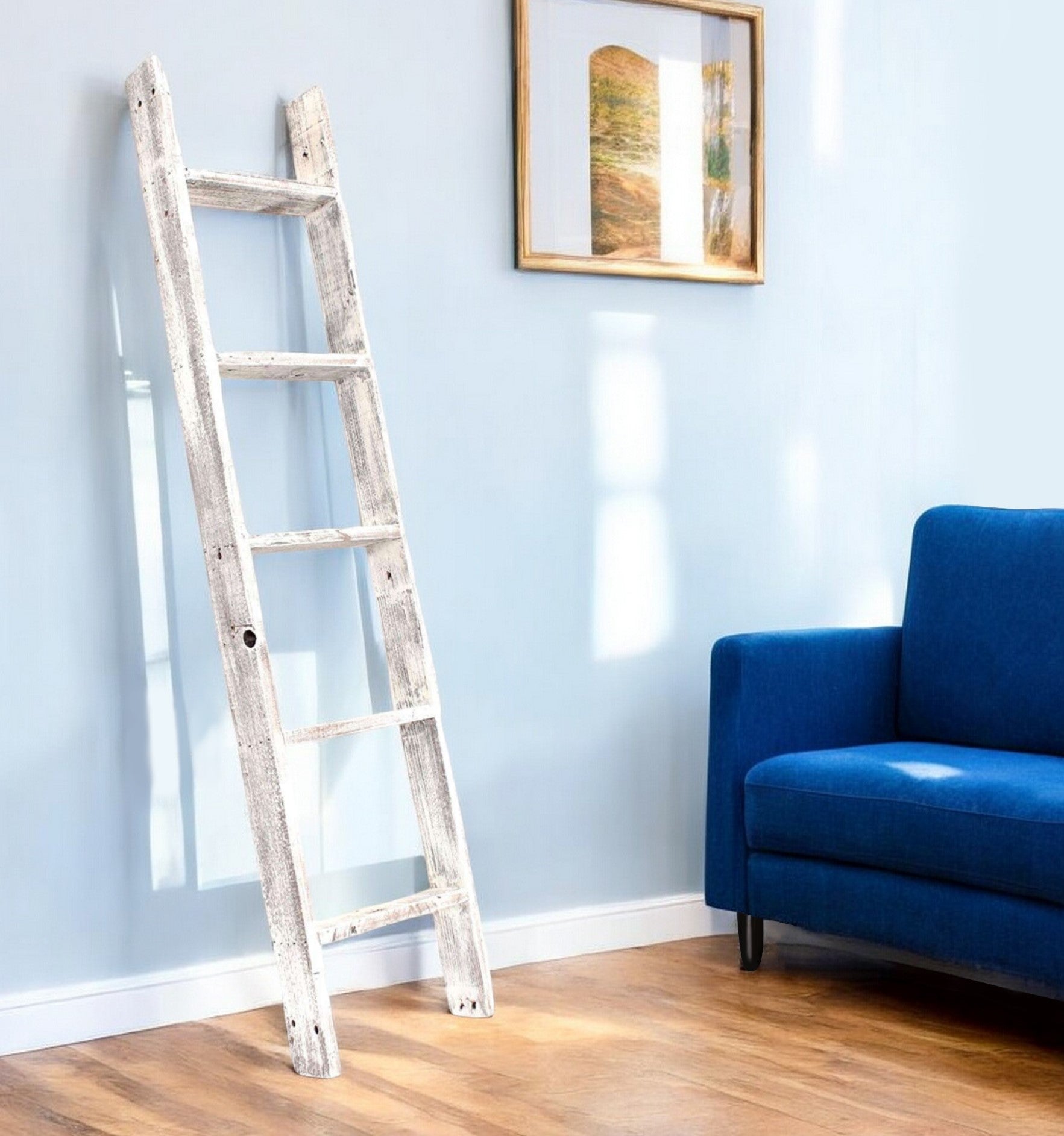 60" White Rustic Four Step Wood Ladder Shelf-0