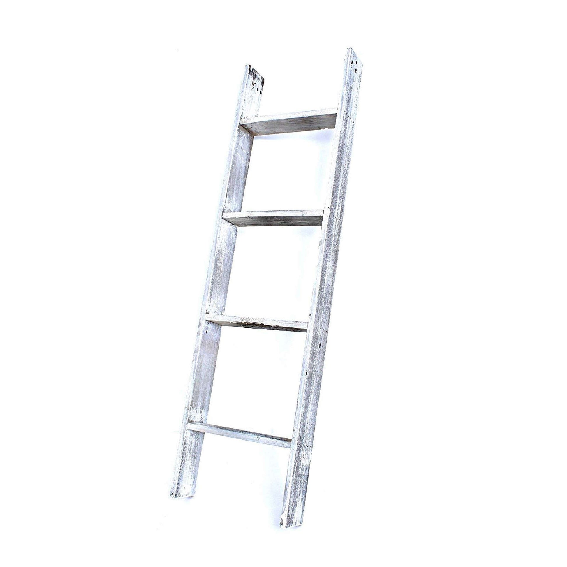 49" Whitewash Rustic Four Step Wood Ladder Shelf-1