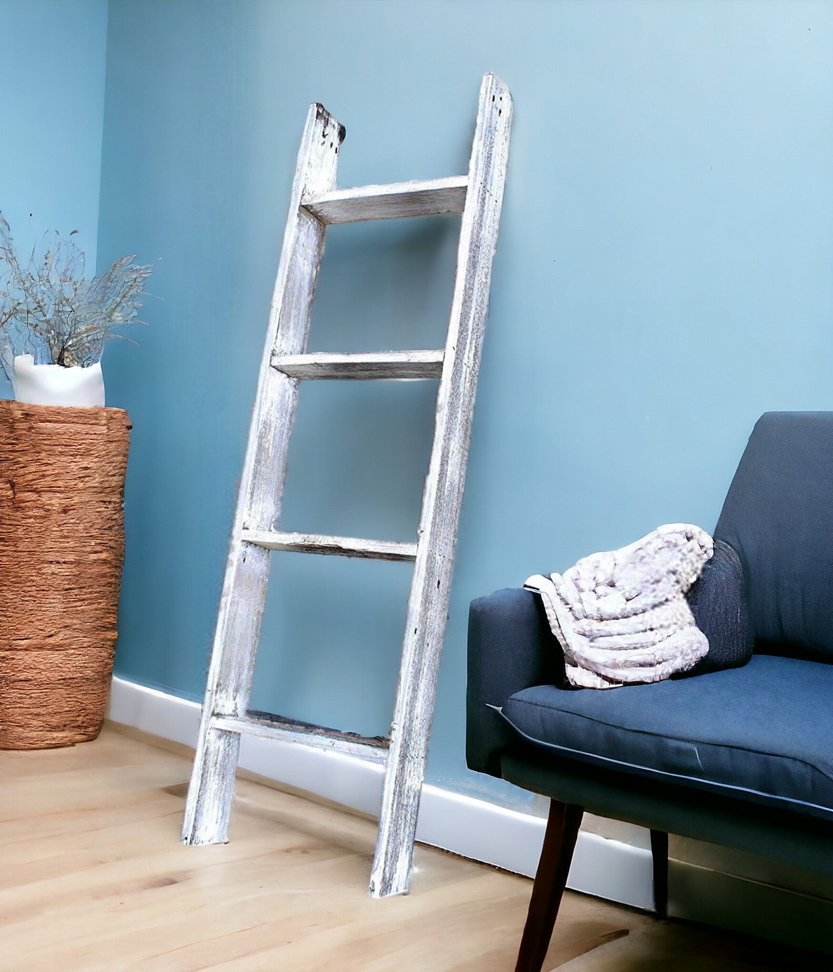 49" Whitewash Rustic Four Step Wood Ladder Shelf-0