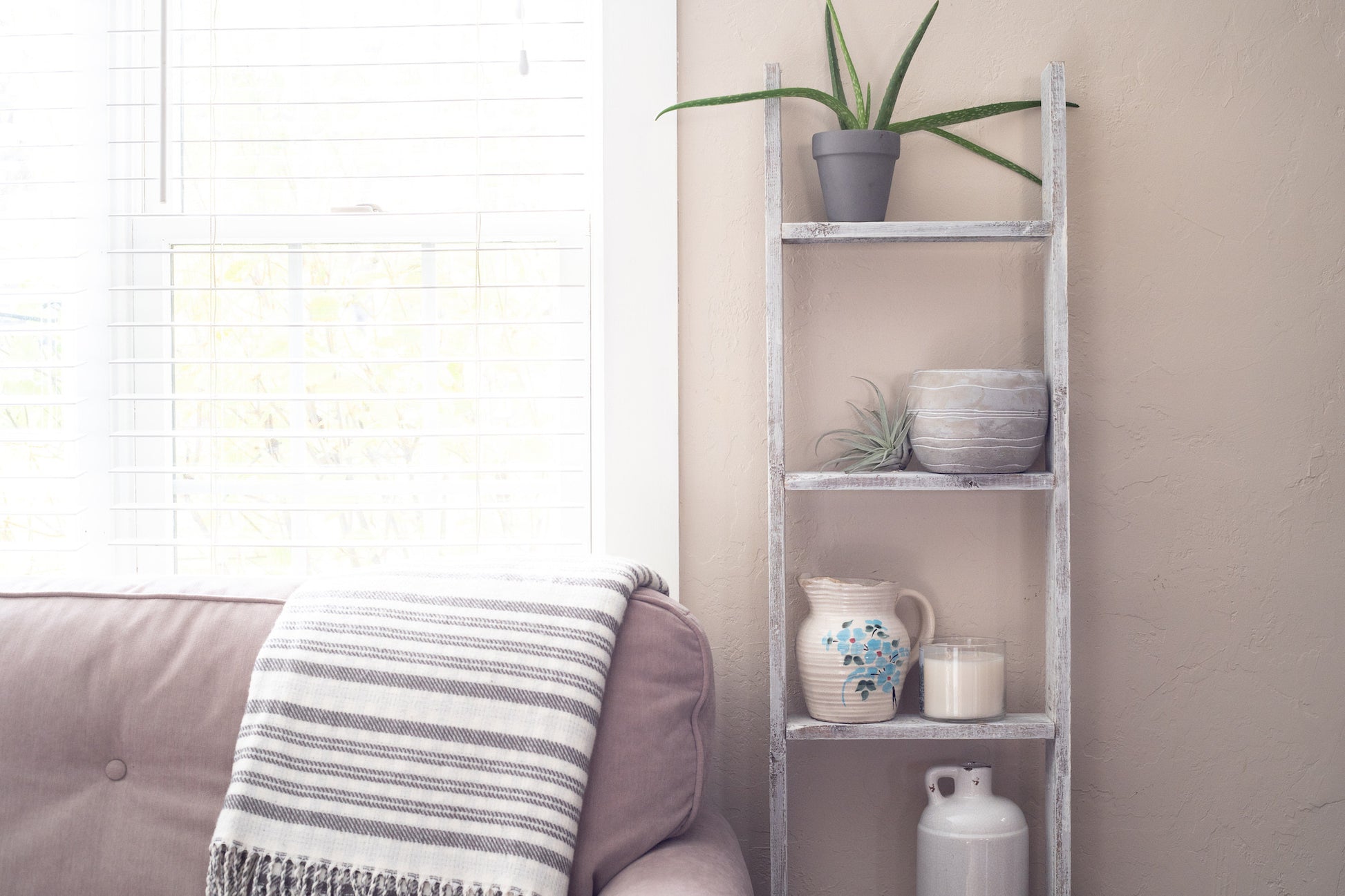 49" Whitewash Rustic Four Step Wood Ladder Shelf-6