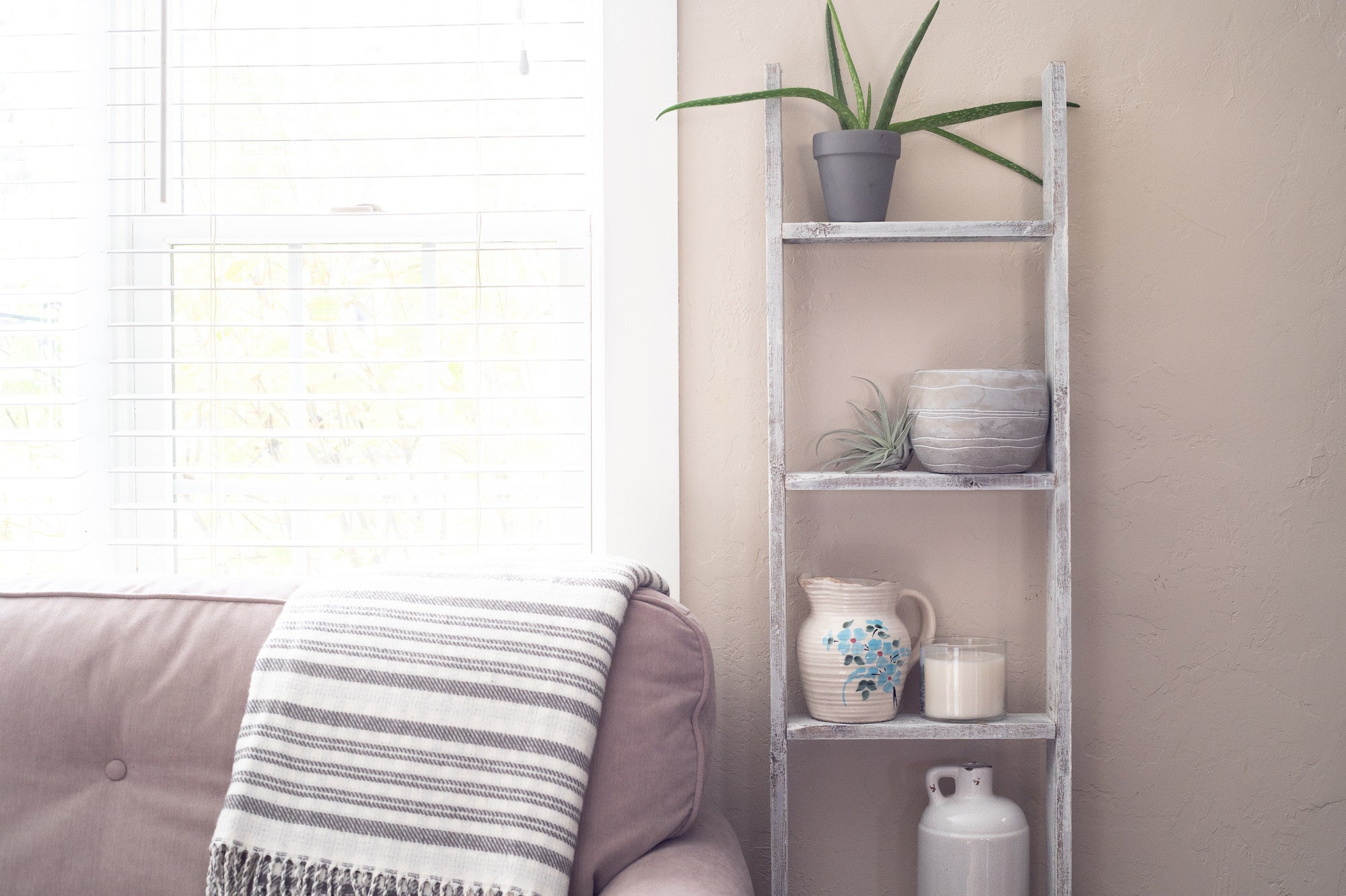 49" Whitewash Rustic Four Step Wood Ladder Shelf-6