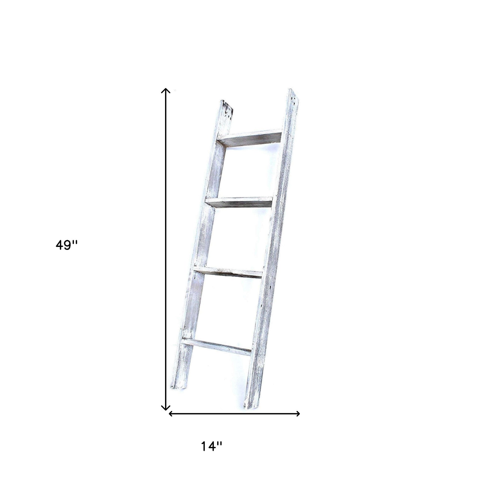 49" Whitewash Rustic Four Step Wood Ladder Shelf-8