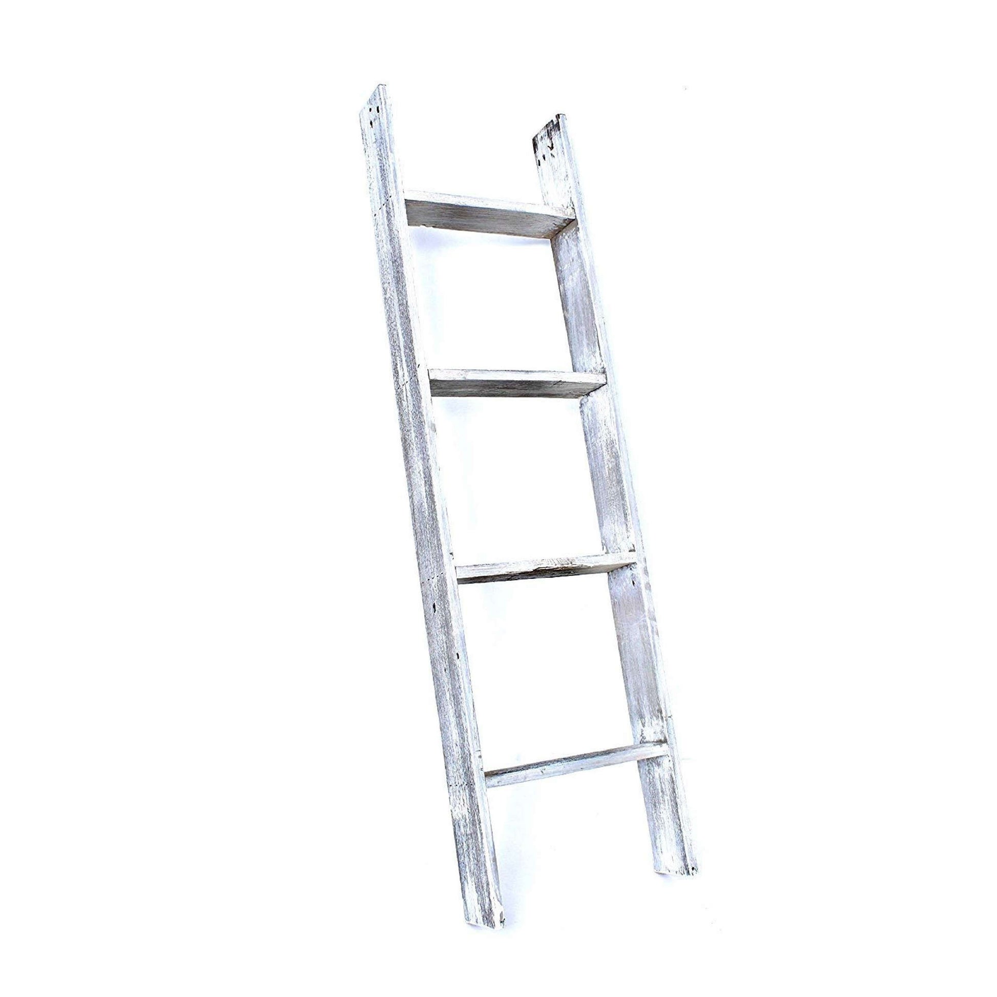 49" Whitewash Rustic Four Step Wood Ladder Shelf-3
