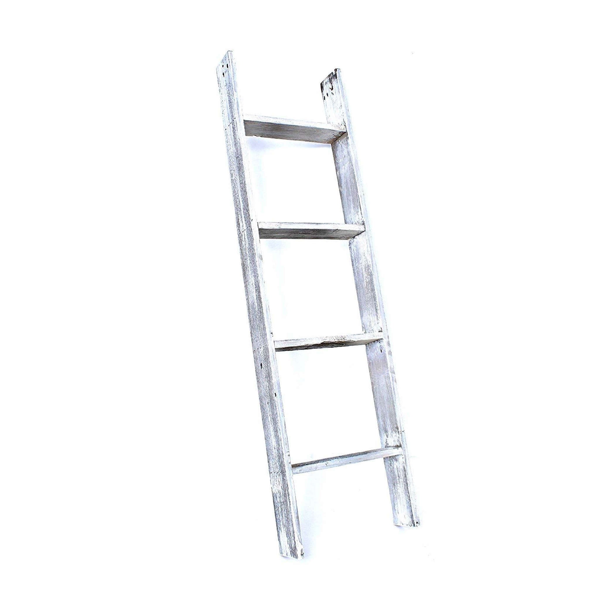 49" Whitewash Rustic Four Step Wood Ladder Shelf-3
