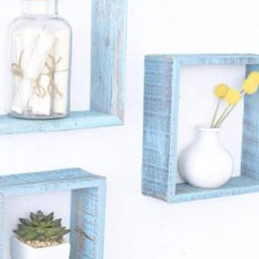 Set Of 3 Square Robins Egg Blue Reclaimed Wood Open Box Shelve-5