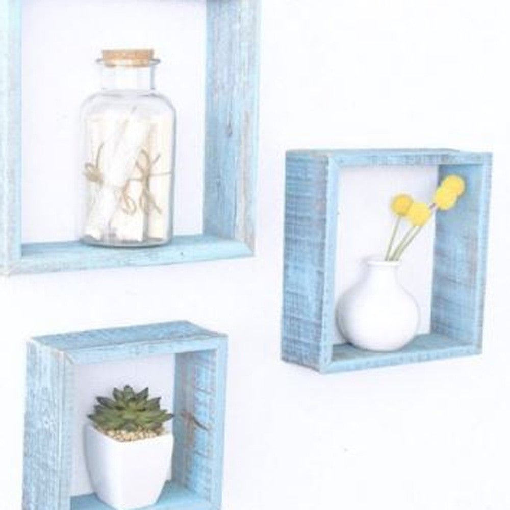 Set Of 3 Square Robins Egg Blue Reclaimed Wood Open Box Shelve-6
