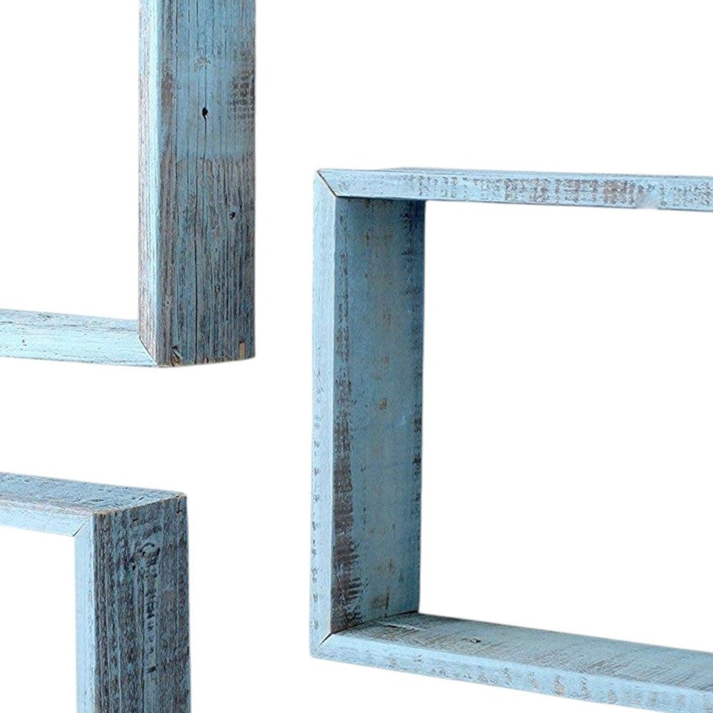 Set Of 3 Square Robins Egg Blue Reclaimed Wood Open Box Shelve-2