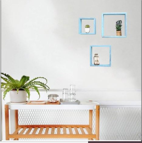 Set Of 3 Square Robins Egg Blue Reclaimed Wood Open Box Shelve-4