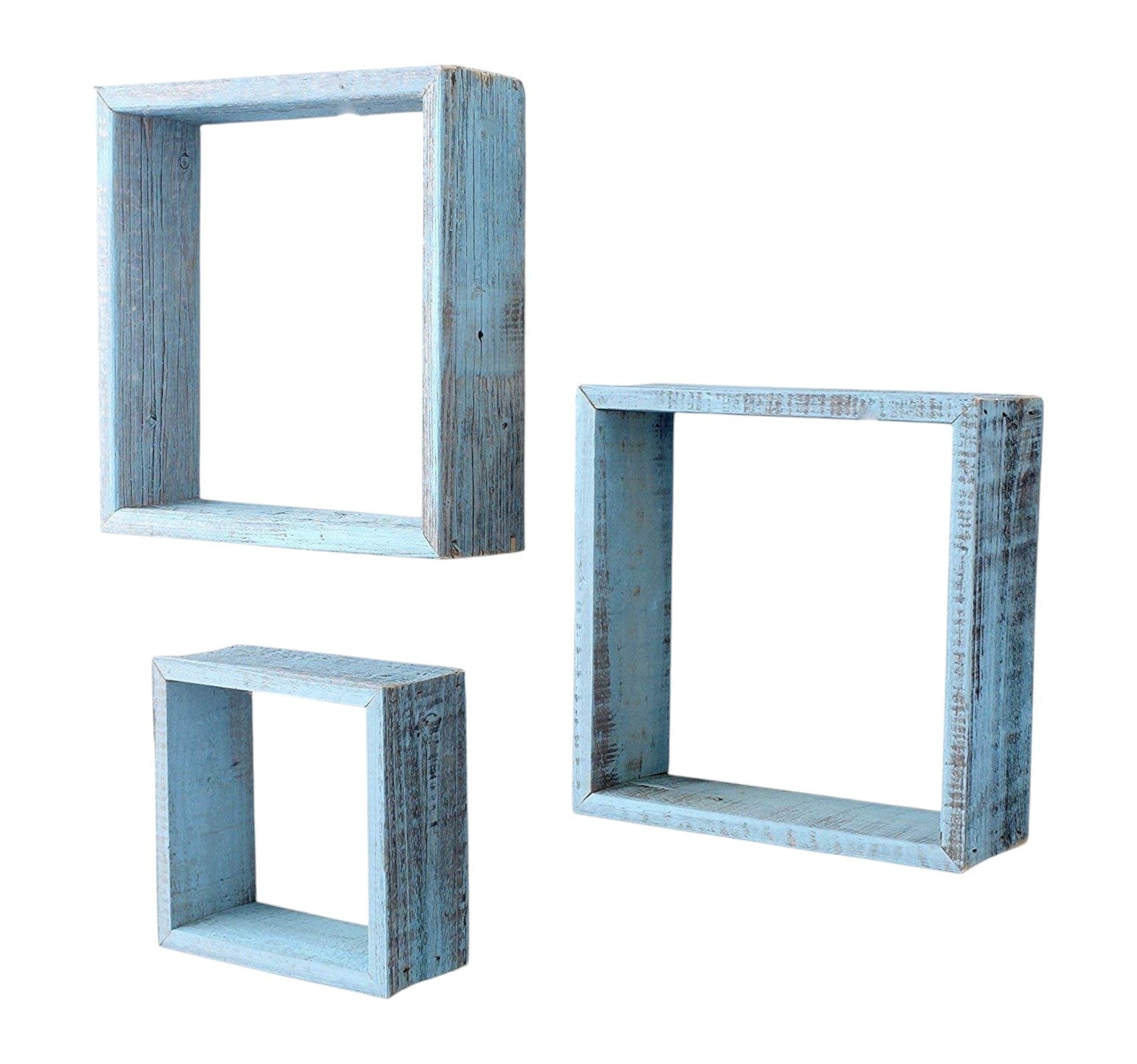 Set Of 3 Square Robins Egg Blue Reclaimed Wood Open Box Shelve-1