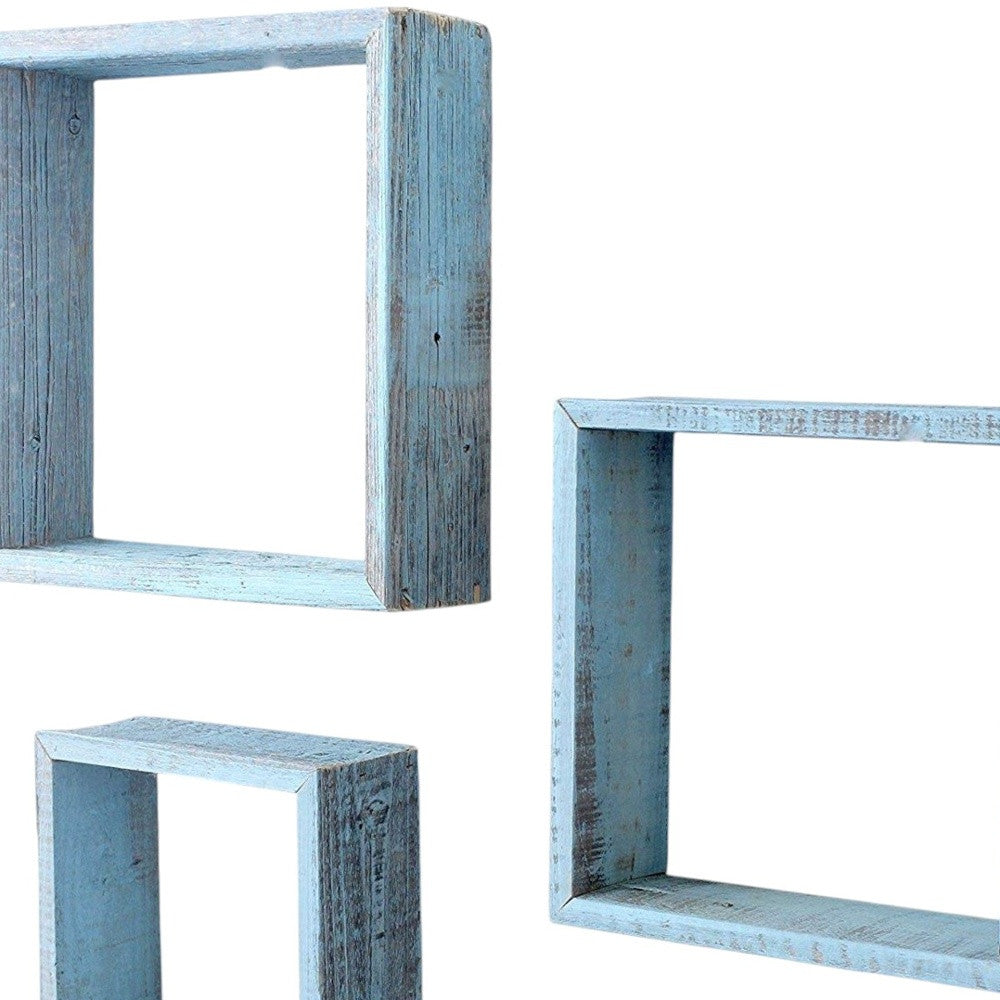 Set Of 3 Square Robins Egg Blue Reclaimed Wood Open Box Shelve-3