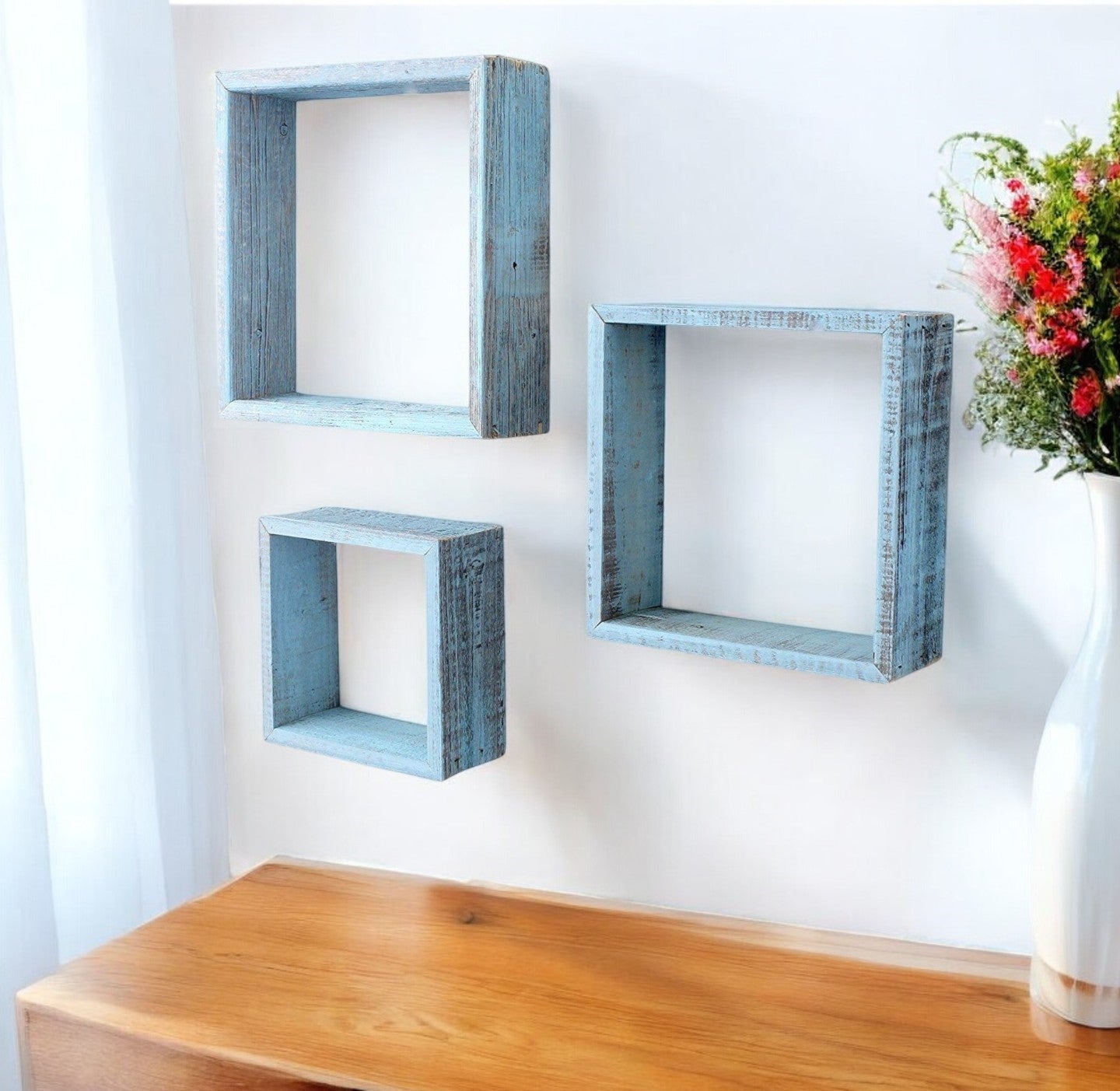 Set Of 3 Square Robins Egg Blue Reclaimed Wood Open Box Shelve-0