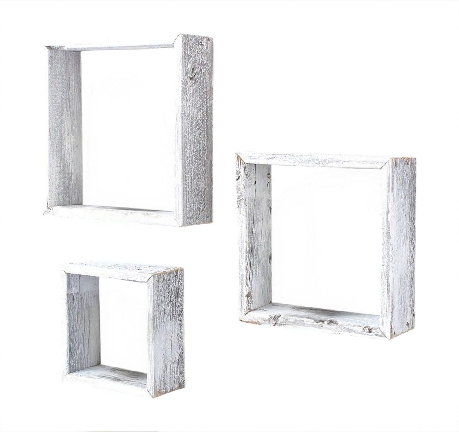 Set Of 3 Square Rustic White Wash Wood Open Box Shelve-1