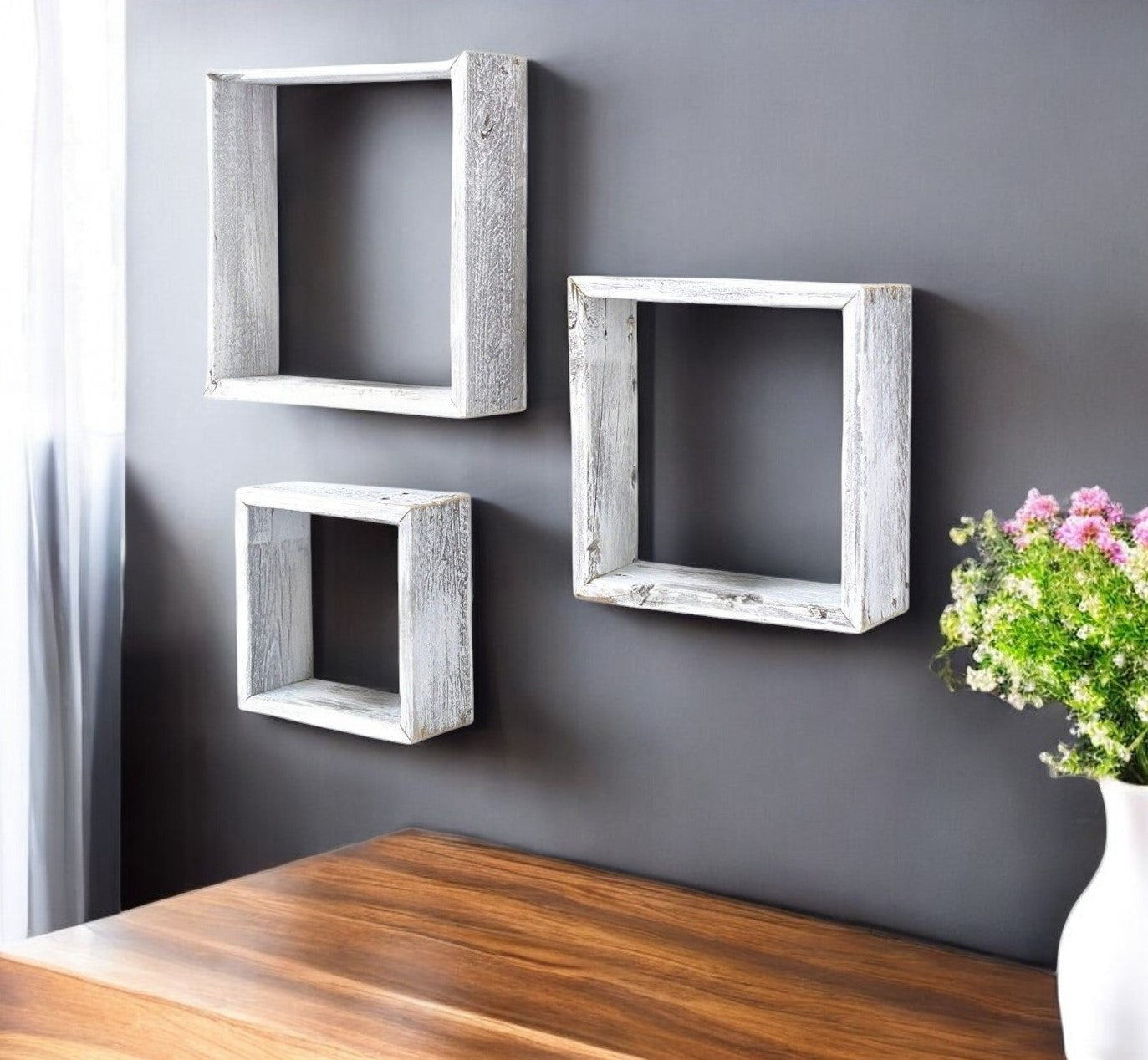 Set Of 3 Square Rustic White Wash Wood Open Box Shelve-0