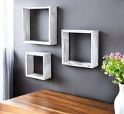 Set Of 3 Square Rustic White Wash Wood Open Box Shelve-0