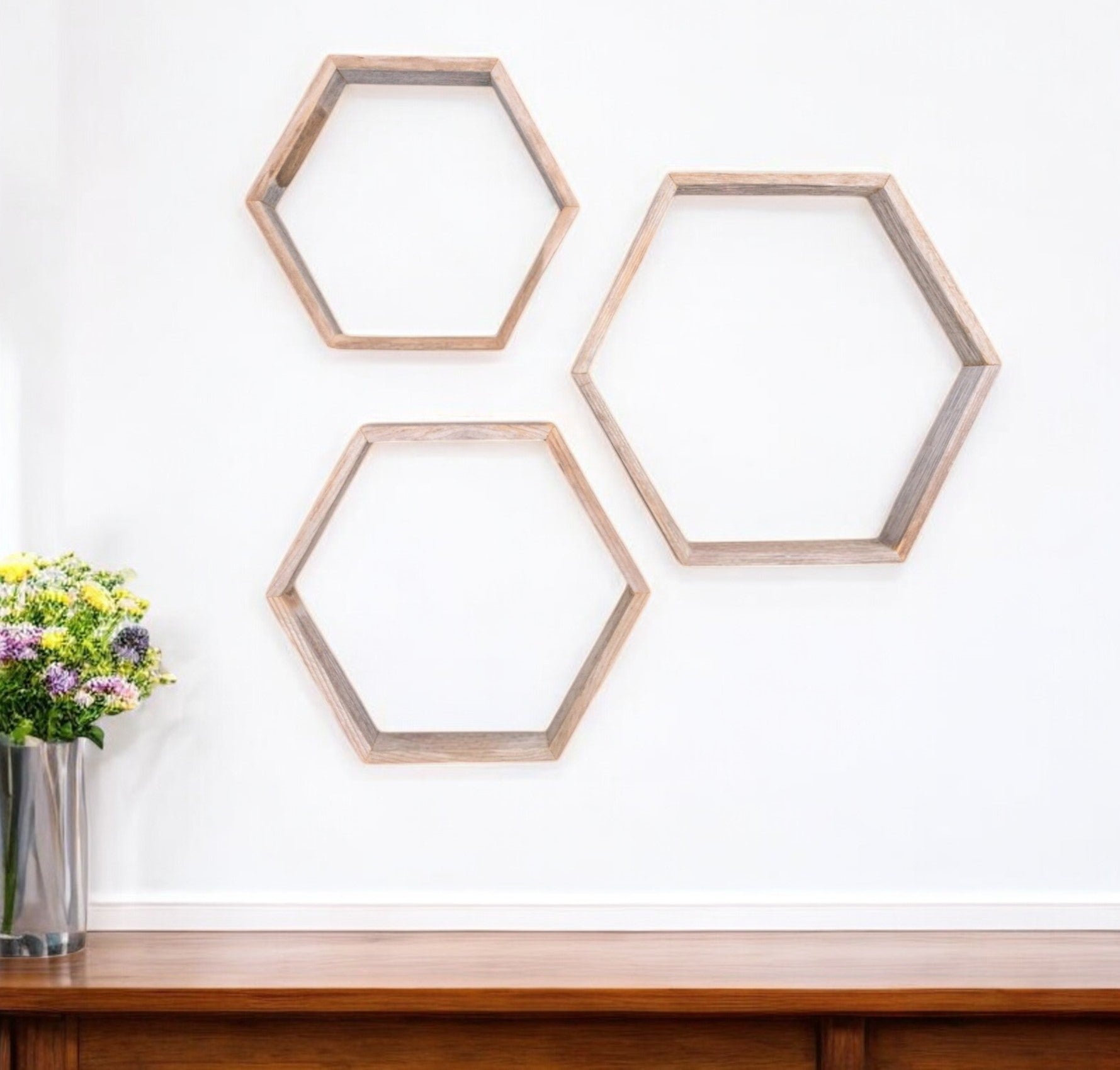 Set of Three Gray Wood Hexagon Wood Open Box Shelves-0