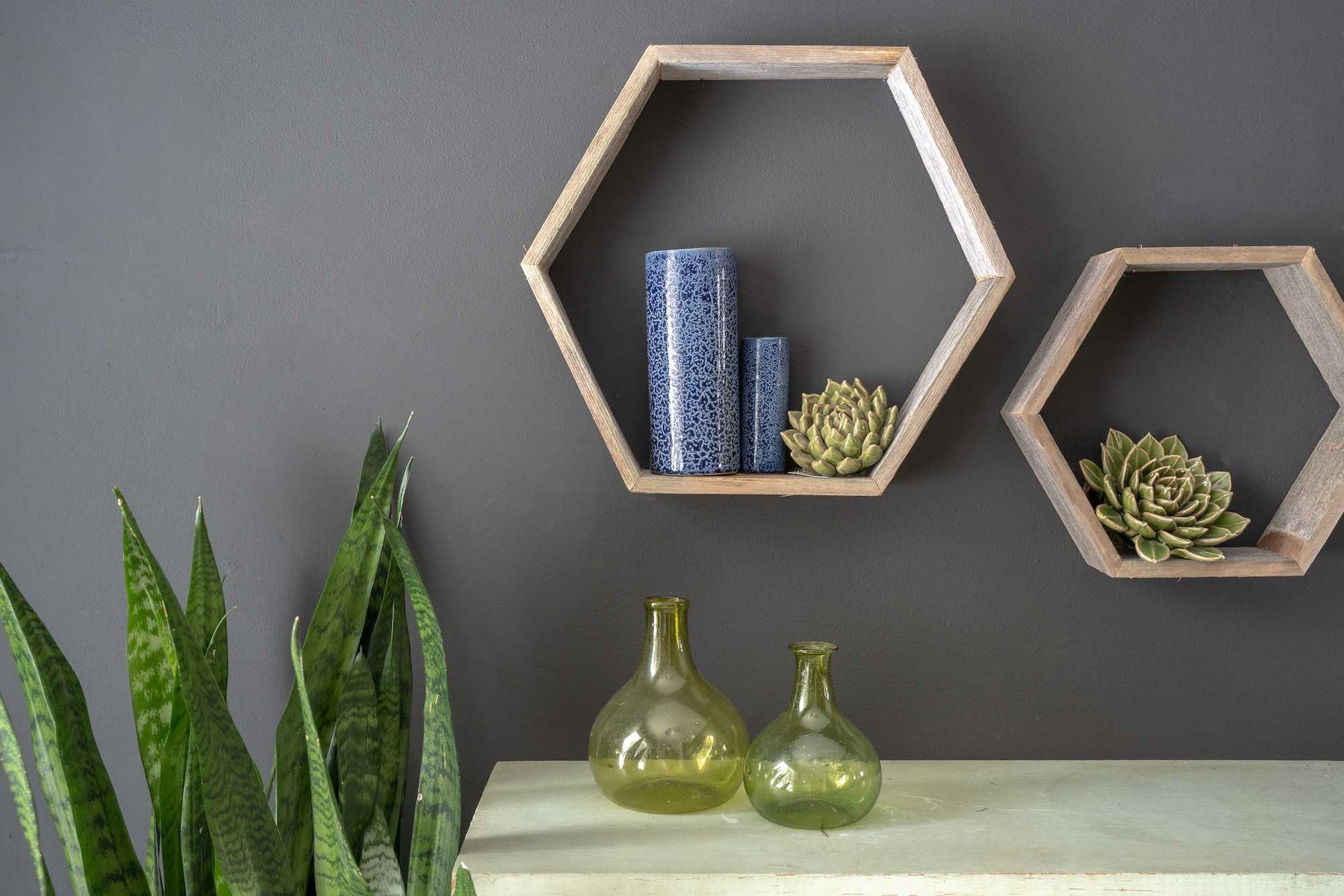 Set of Three Gray Wood Hexagon Wood Open Box Shelves-4