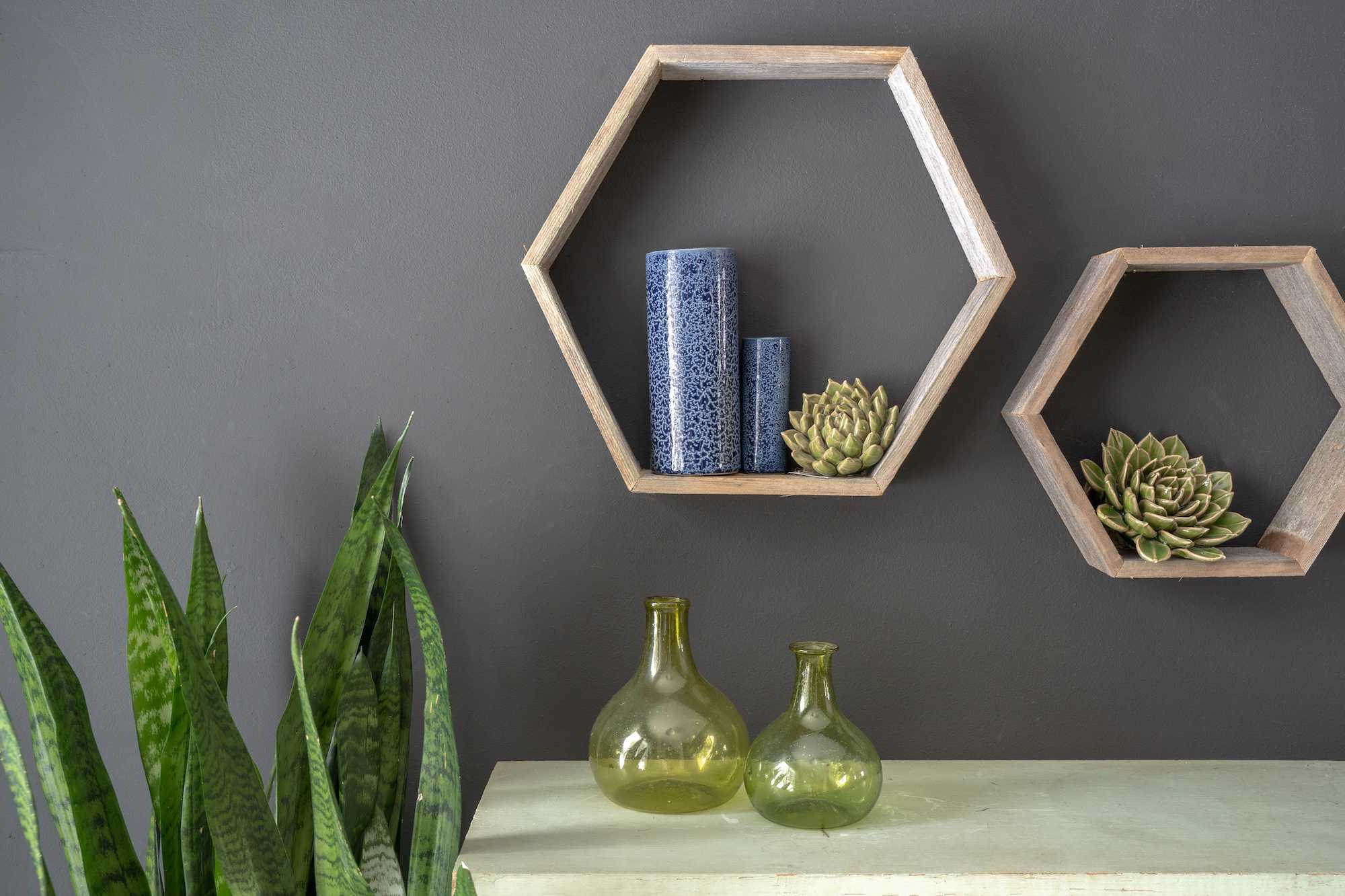 Set of Three Gray Wood Hexagon Wood Open Box Shelves-4