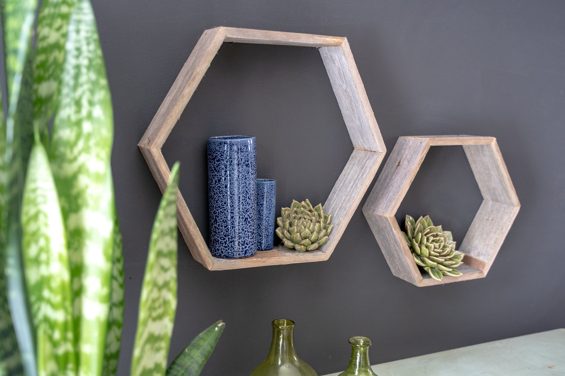 Set of Three Gray Wood Hexagon Wood Open Box Shelves-5