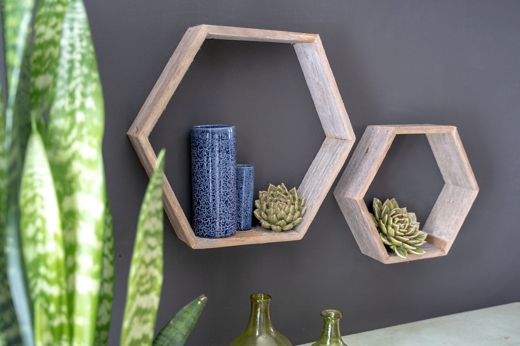 Set of Three Gray Wood Hexagon Wood Open Box Shelves-5