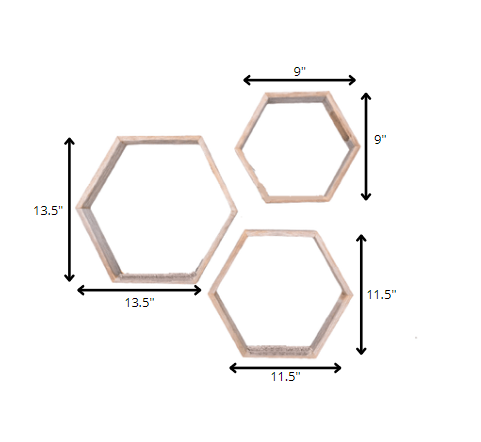 Set of Three Gray Wood Hexagon Wood Open Box Shelves-8