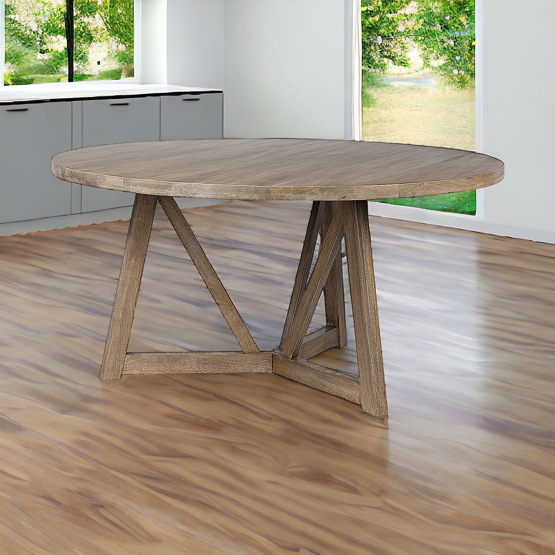 60" Brown Rounded Solid Wood Pedestal Base Dining Table-Dining Tables-DECOROLALA