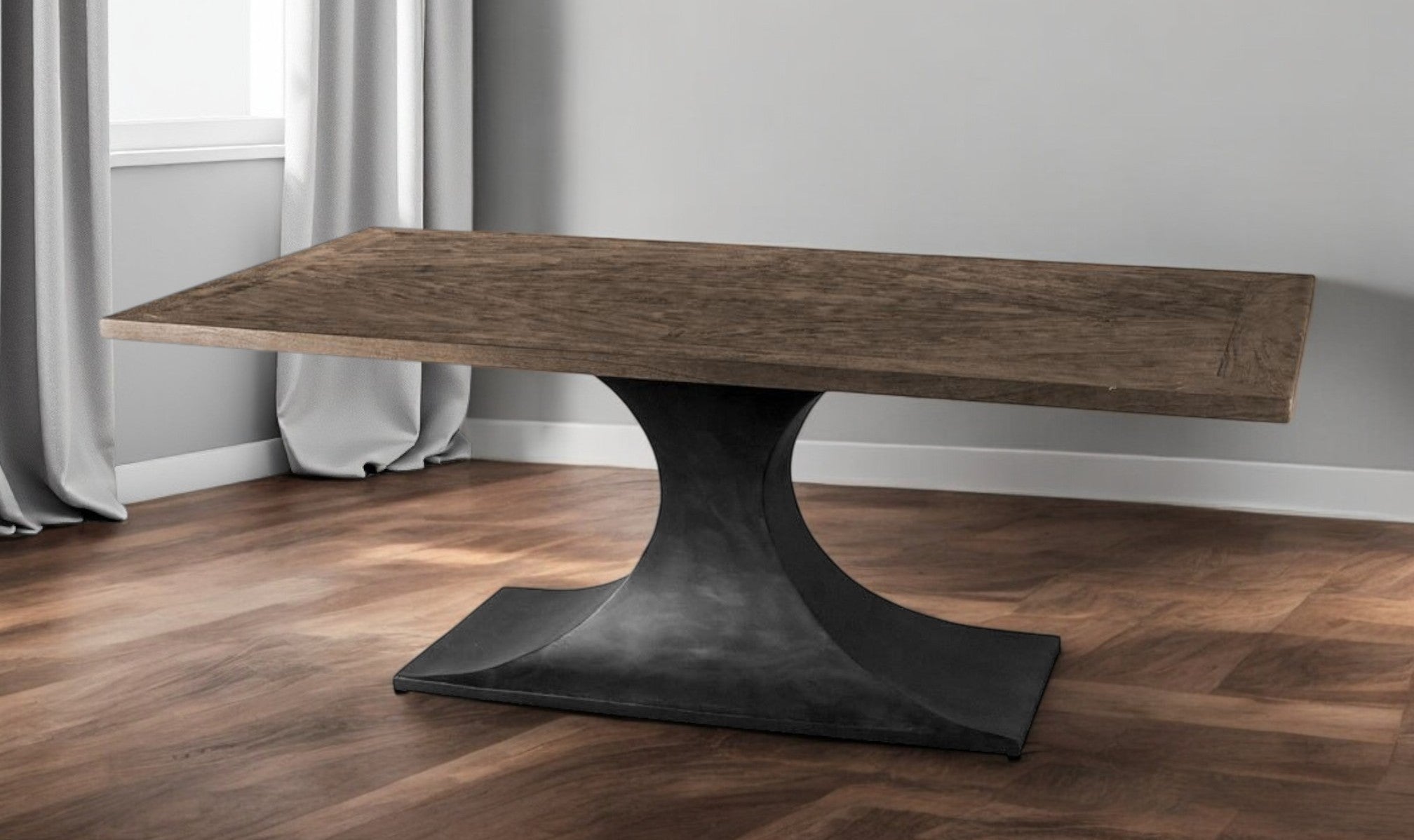 79" Brown And Black Solid Wood And Metal Pedestal Base Dining Table-Dining Tables-DECOROLALA