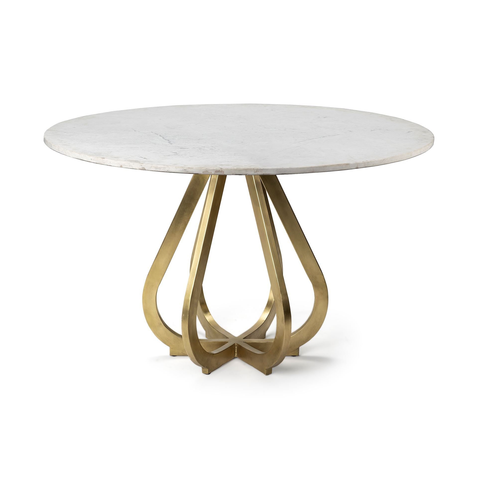 48" White And Gold Rounded Marble And Metal Pedestal Base Dining Table-Dining Tables-DECOROLALA