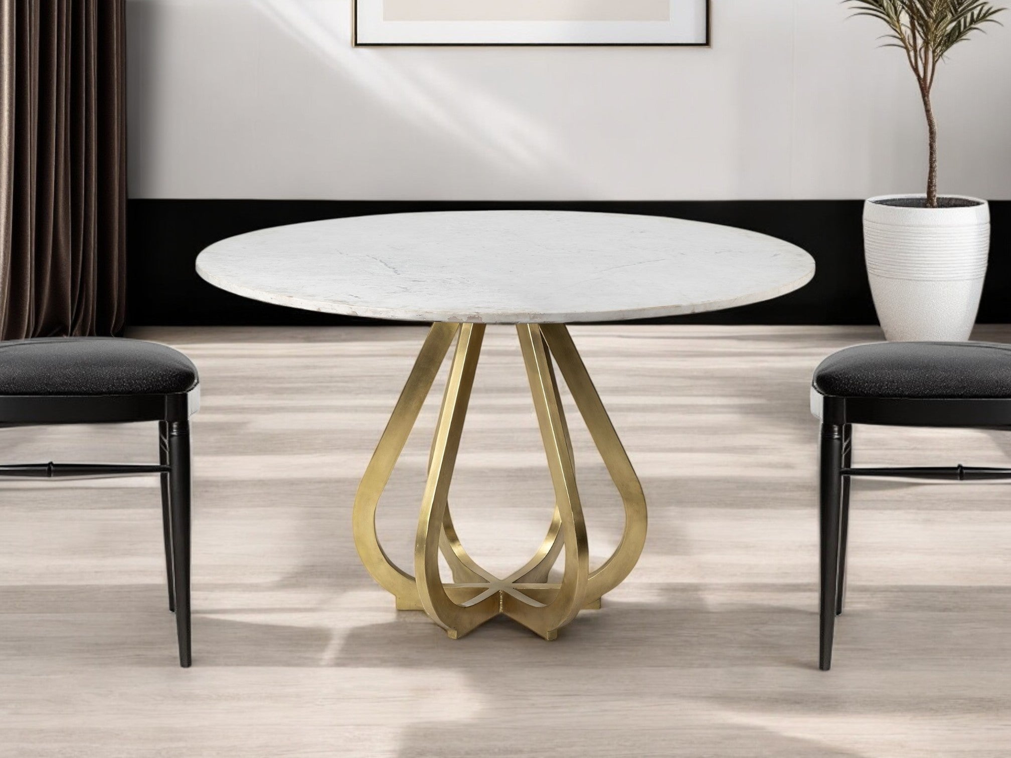 48" White And Gold Rounded Marble And Metal Pedestal Base Dining Table-Dining Tables-DECOROLALA