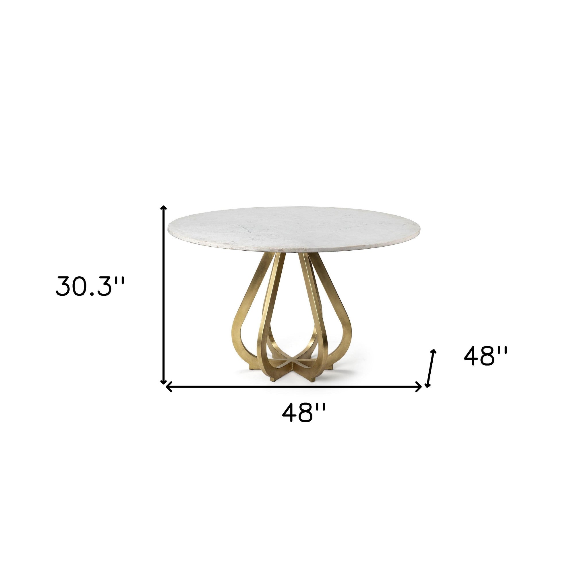 48" White And Gold Rounded Marble And Metal Pedestal Base Dining Table-Dining Tables-DECOROLALA