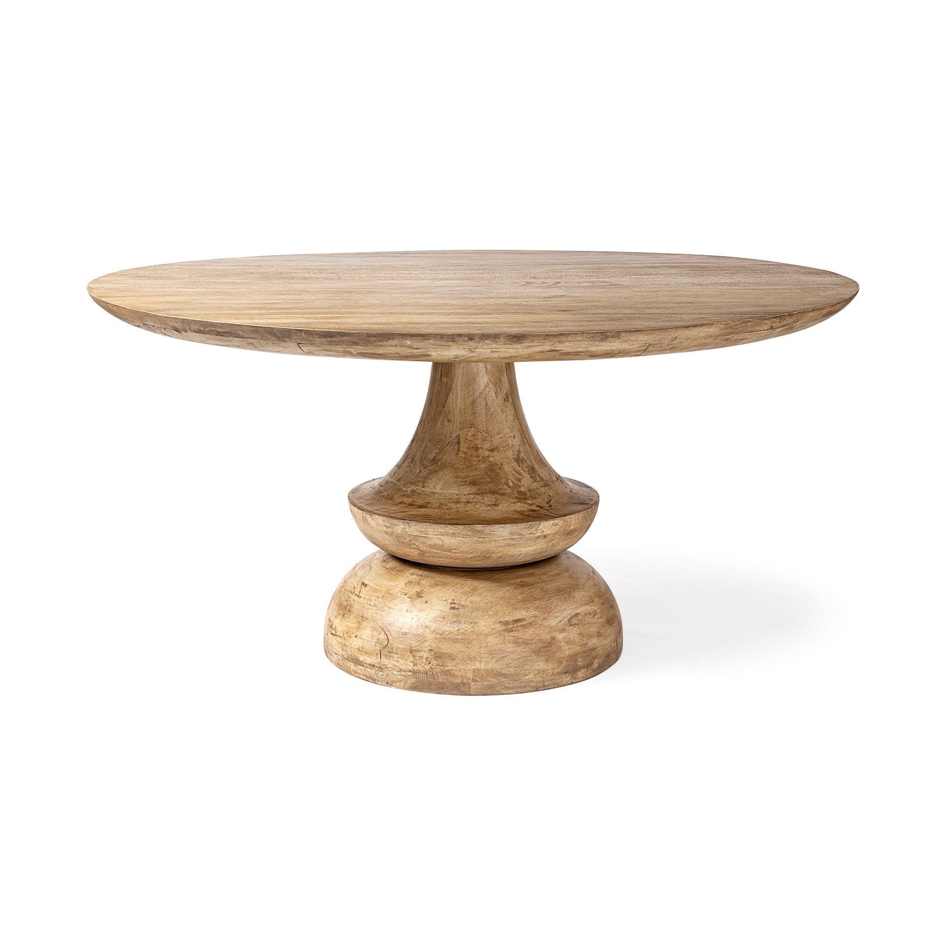 60" Natural Rounded Solid Wood Pedestal Base Dining Table-Dining Tables-DECOROLALA