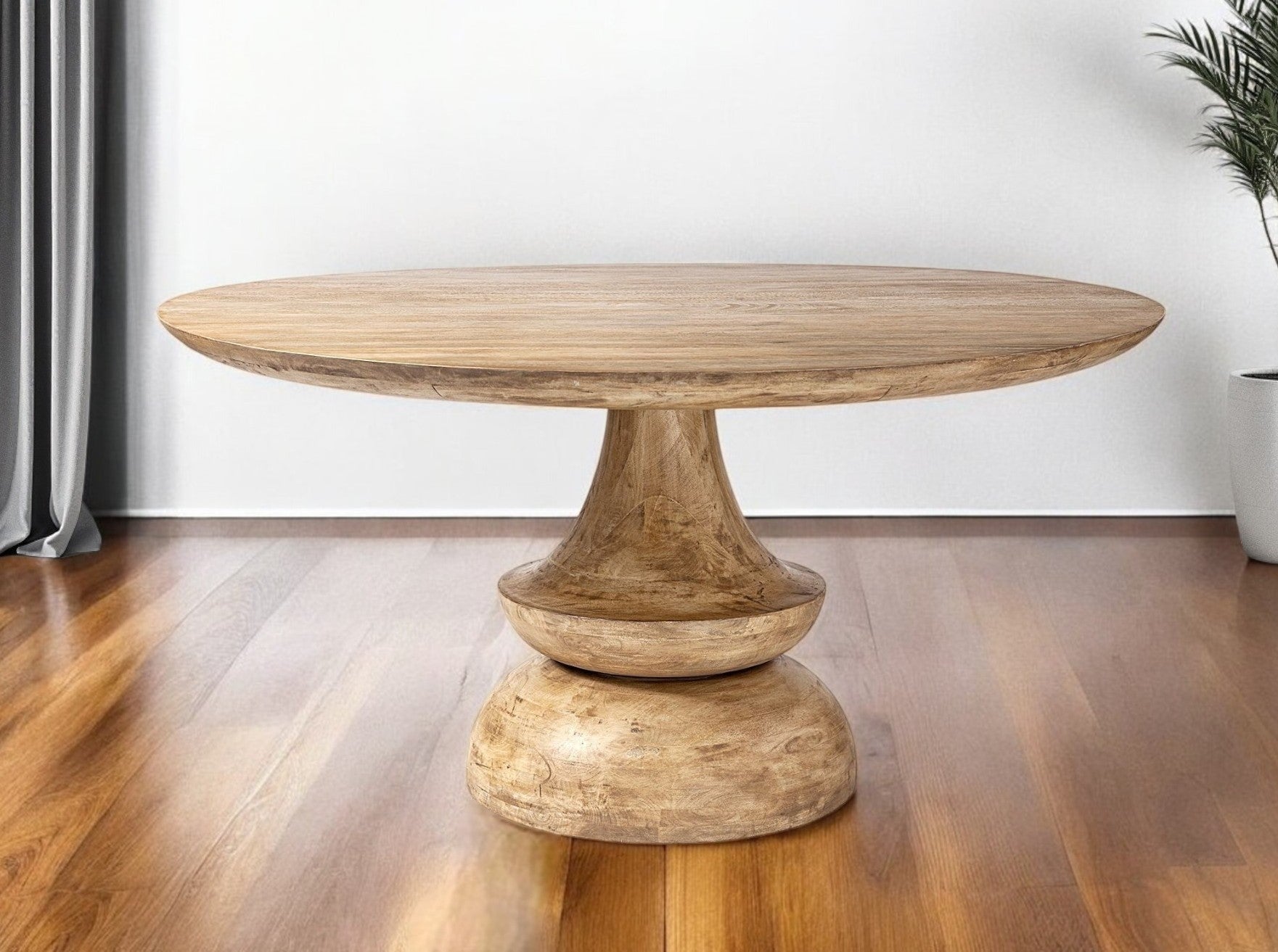 60" Natural Rounded Solid Wood Pedestal Base Dining Table-Dining Tables-DECOROLALA