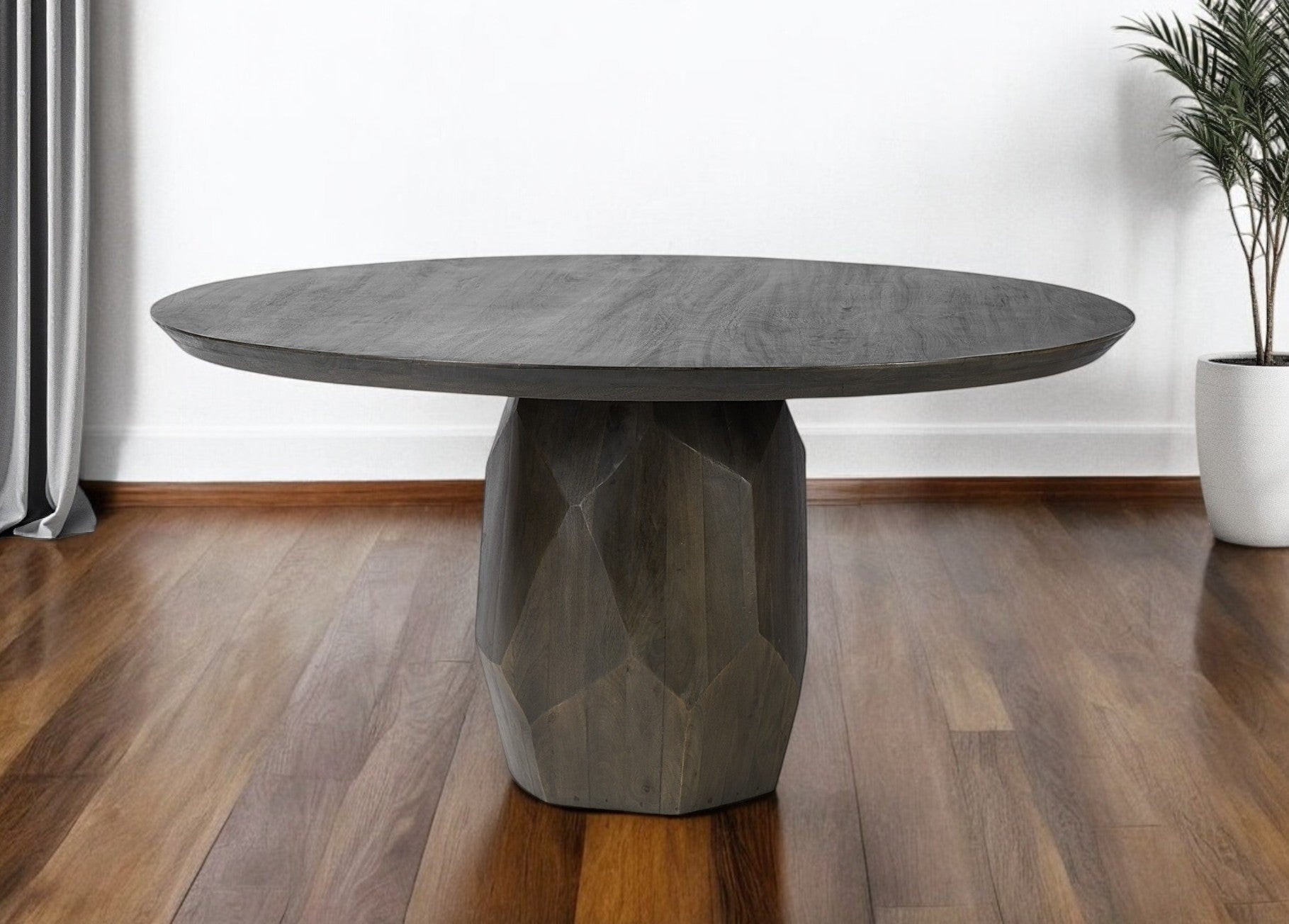 60" Brown Rounded Solid Wood Pedestal Base Dining Table-Dining Tables-DECOROLALA