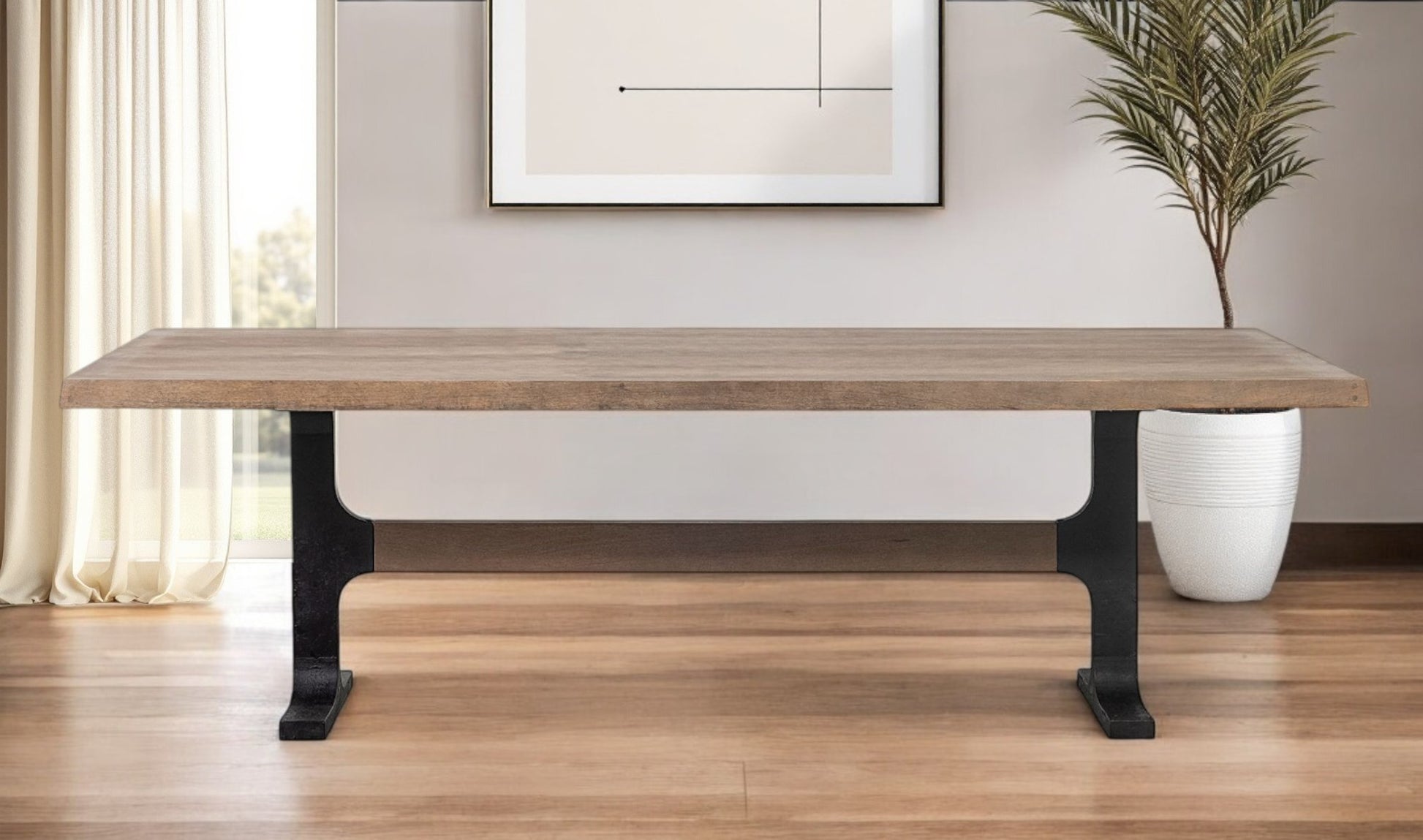 96" Natural And Black Solid Wood And Metal Trestle Base Dining Table-Dining Tables-DECOROLALA