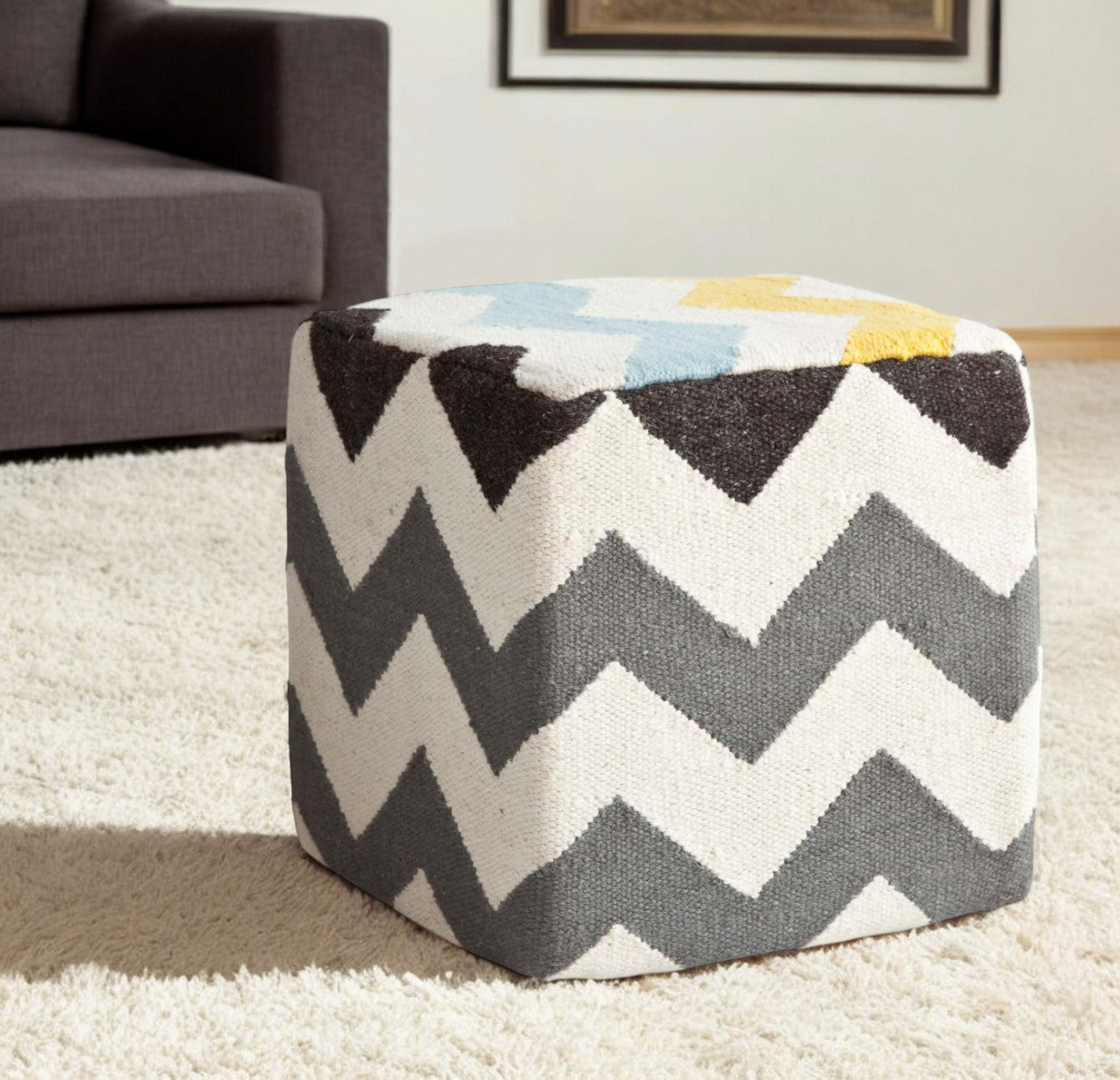 18" Ivory Geometric Pouf Ottoman-Ottomans-DECOROLALA