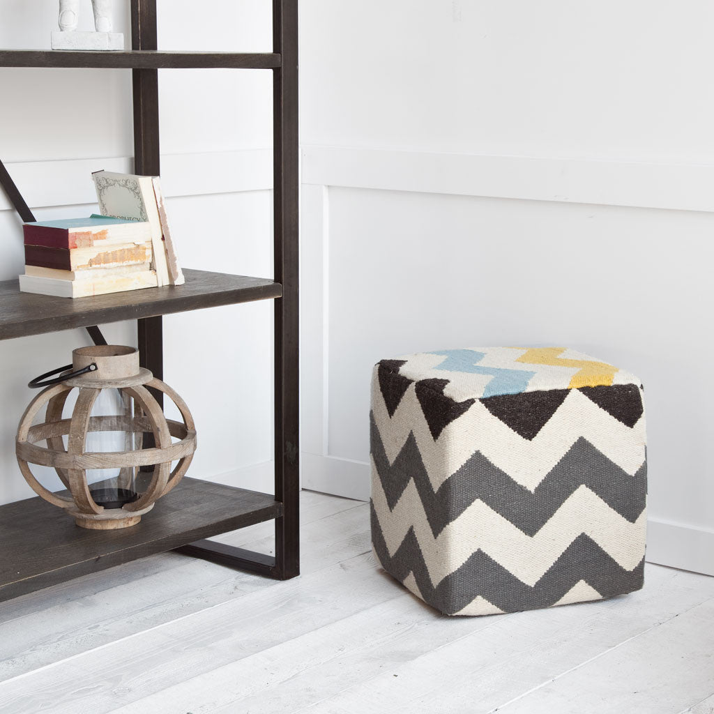 18" Ivory Geometric Pouf Ottoman-Ottomans-DECOROLALA
