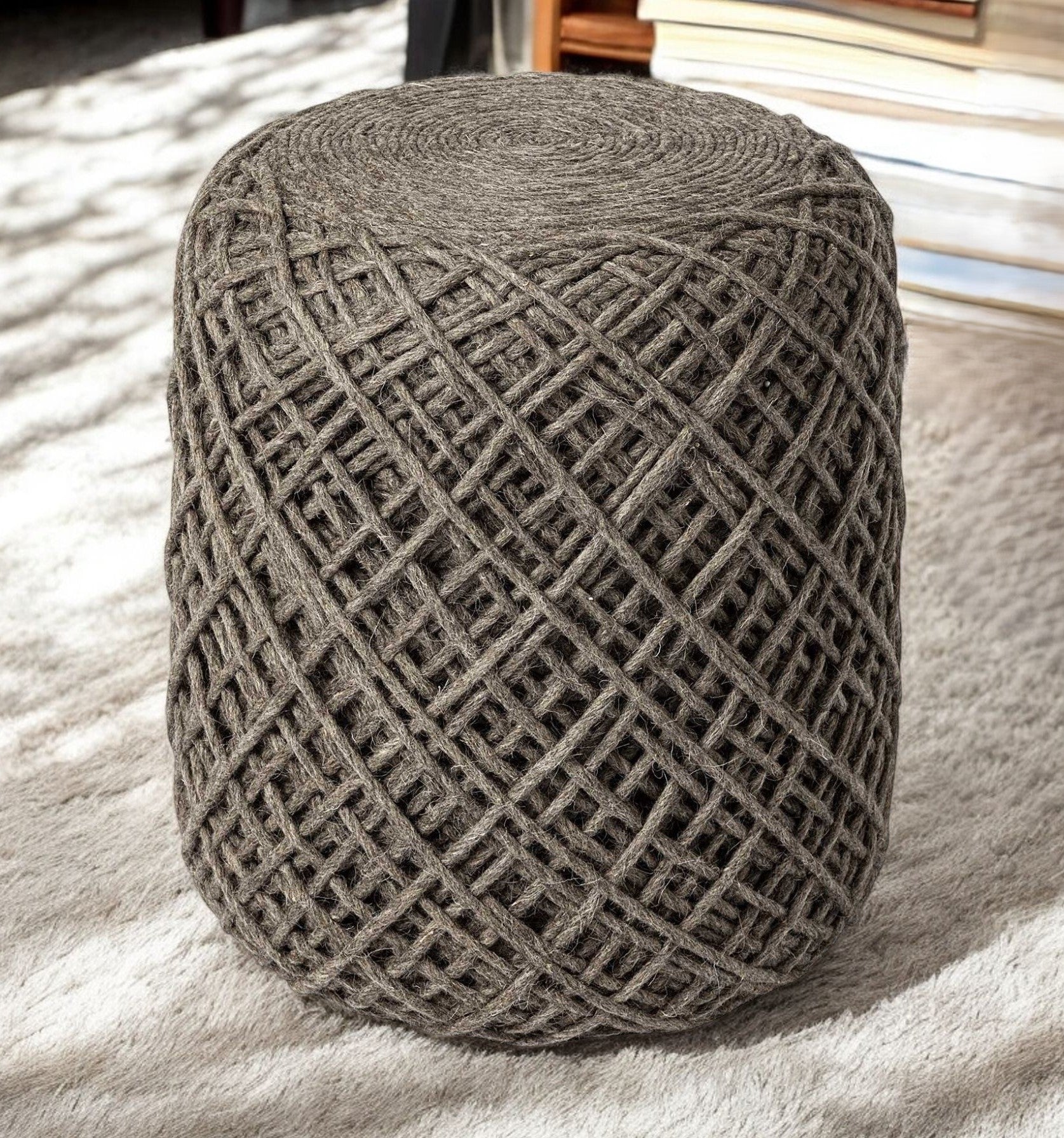 16" Brown Upholstery Cylinder Abstract Pouf Ottoman-Ottomans-DECOROLALA