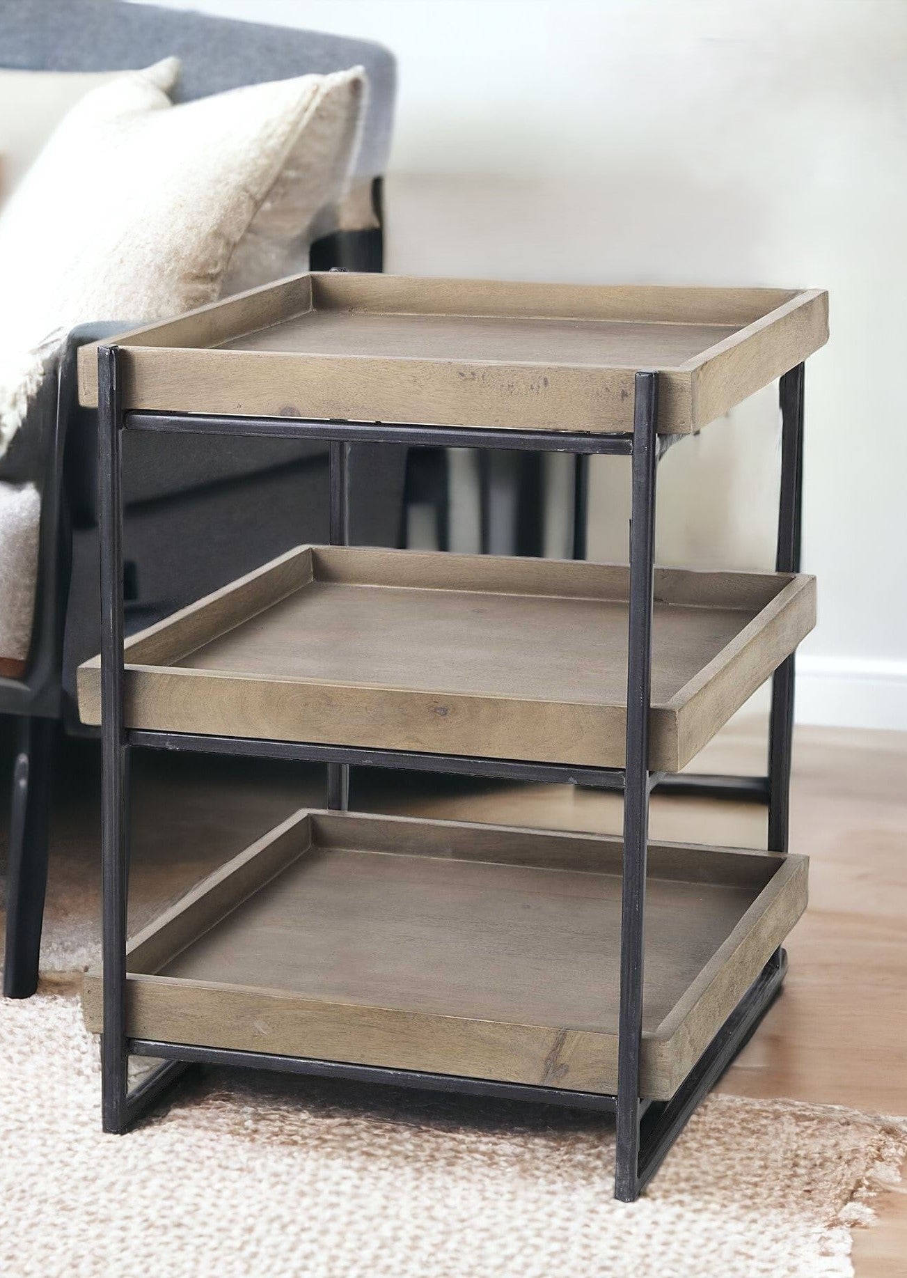 26" Brown Solid Wood Square End Table With Two Shelves-1