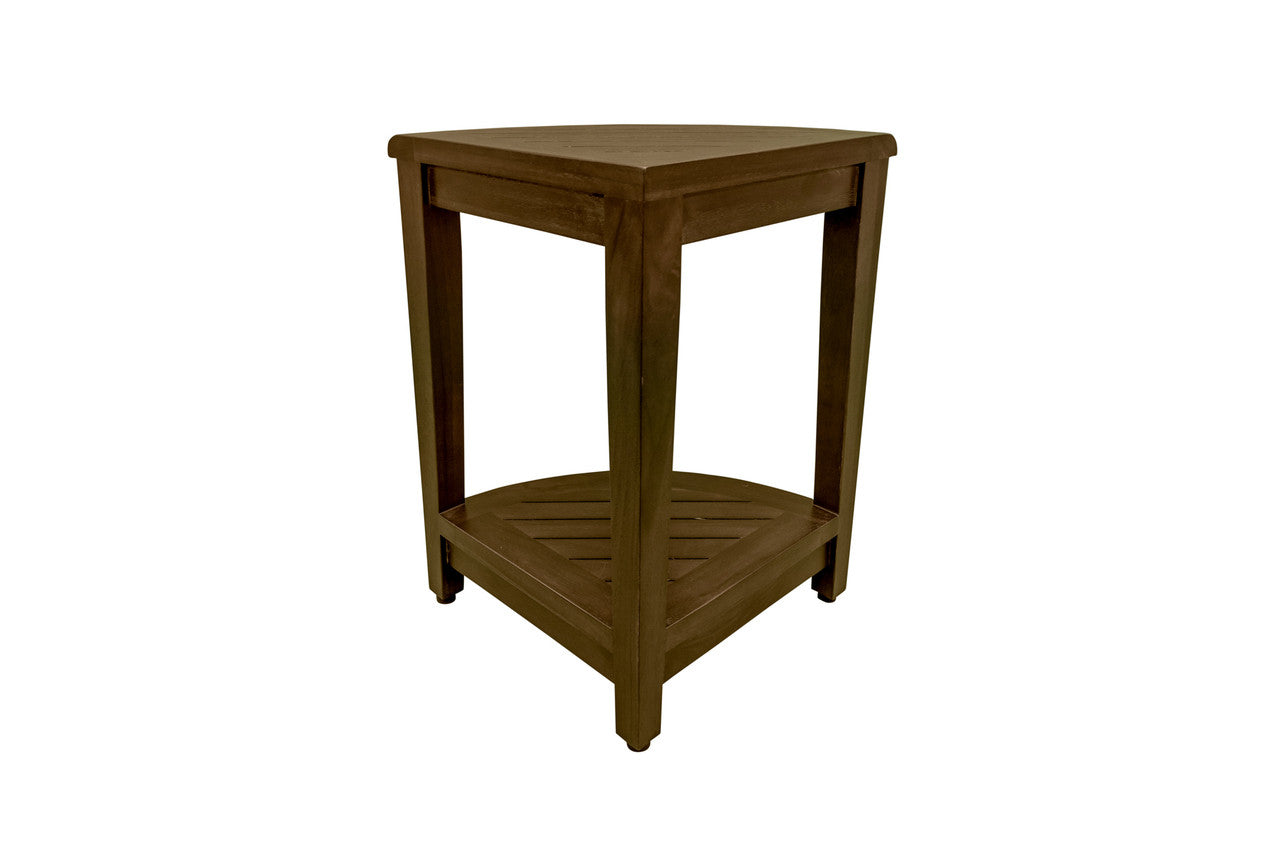 Curvilinear Dark Brown Teak 18" Corner Shower Bench With Shelf-1